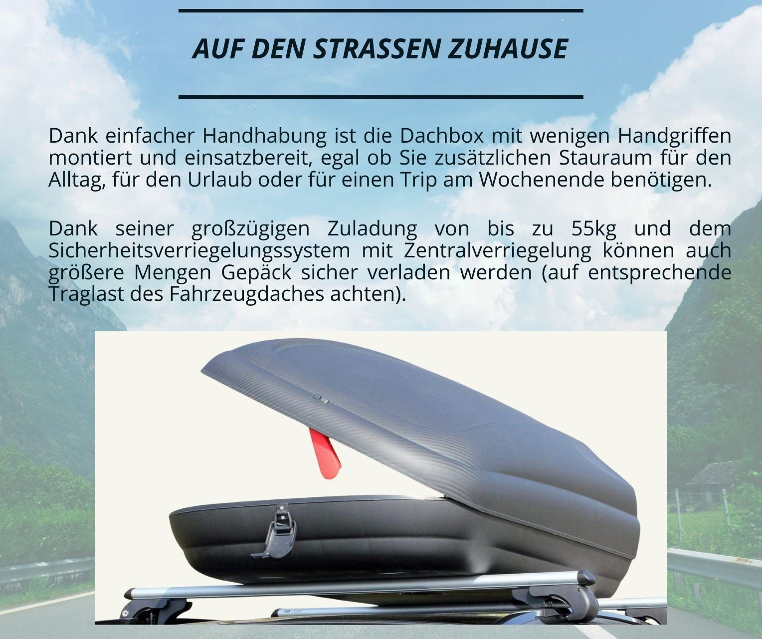 VDP Dachbox, (PERFEKT ABGESTIMMT - Geeignet für Urlaubsreisen oder beim Camping - Lassen Sie Ihren Urlaub schon während der Reise beginnen. Ganze 320 Liter zusätzlicher Stauraum für Ihr Auto), Dachbox VDP-BA320 - Dachkoffer mit 320 Liter Volumen - Autokoffer im Carbonlook - abschließbar dank Zentralverriegelung - Dachkoffer für Dachgepäckträger