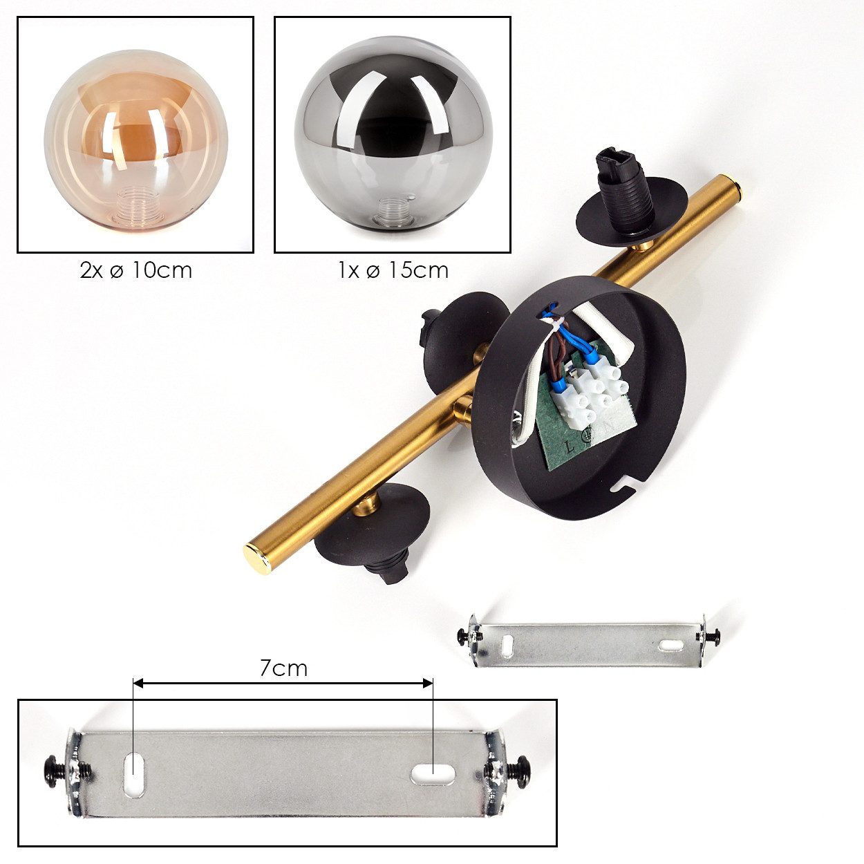 hofstein Deckenleuchte Deckenlampe aus Metall/Glas in Schwarz/Gold-/Bernstein-/Rauchfarben, Deckenleuchte im modernen Vintage-Design (Schirme Ø 10; 15 cm), 3 x G9