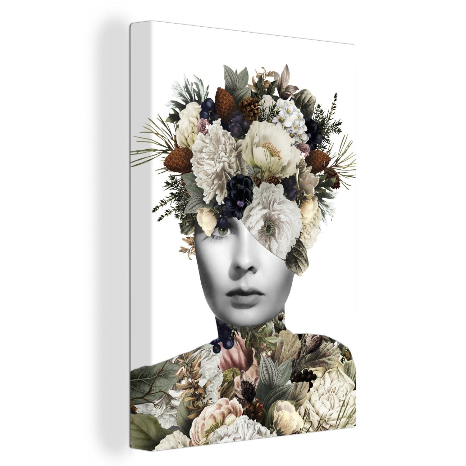 OneMillionCanvasses® Leinwandbild Frau - Scherben - Blumen, (1 St), Leinwandbild fertig bespannt inkl. Zackenaufhänger, Gemälde, 20x30 cm