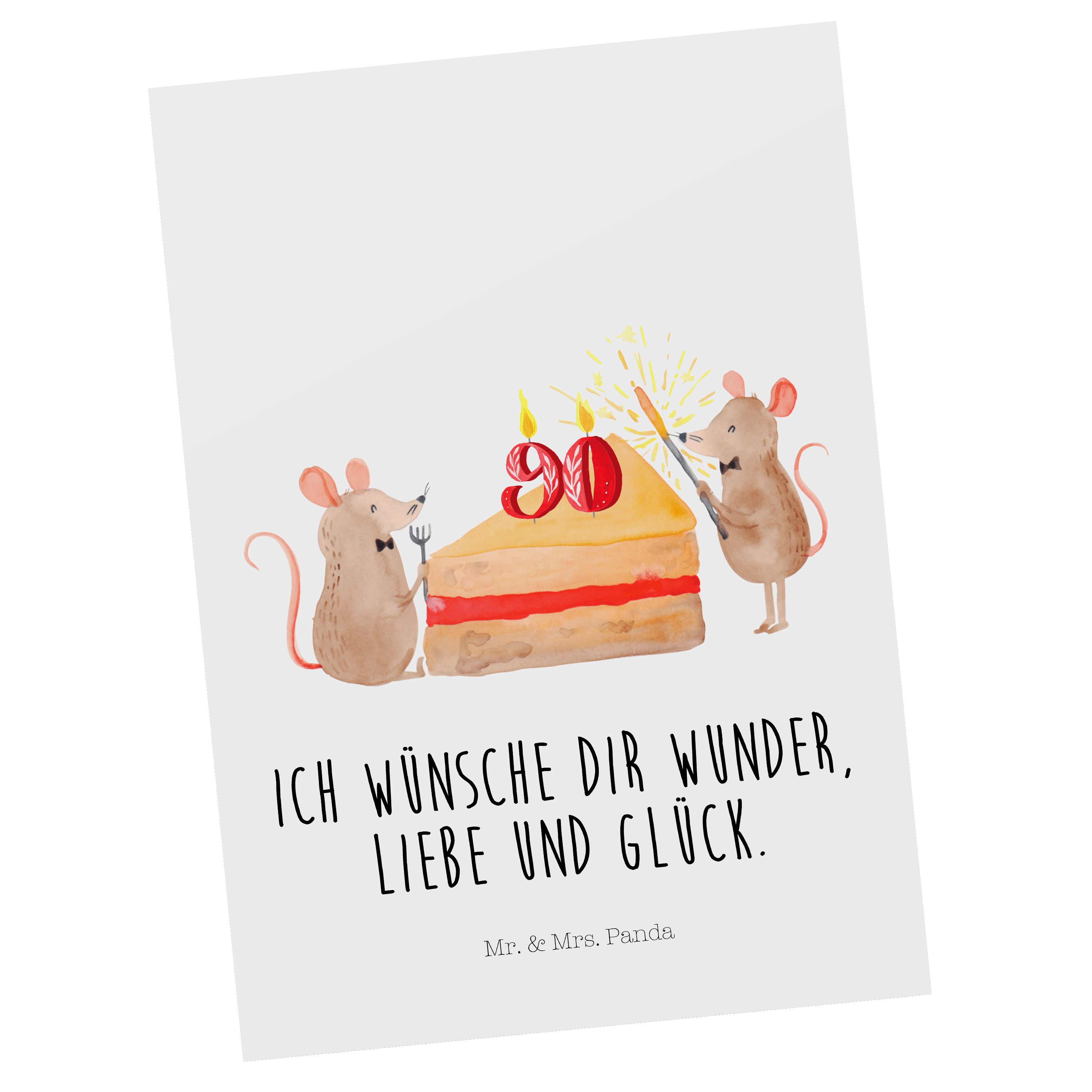 Mr. & Mrs. Panda Postkarte 90. Geburtstag Mäuse Kuchen - Weiß - Geschenk, Geschenkkarte, Karte