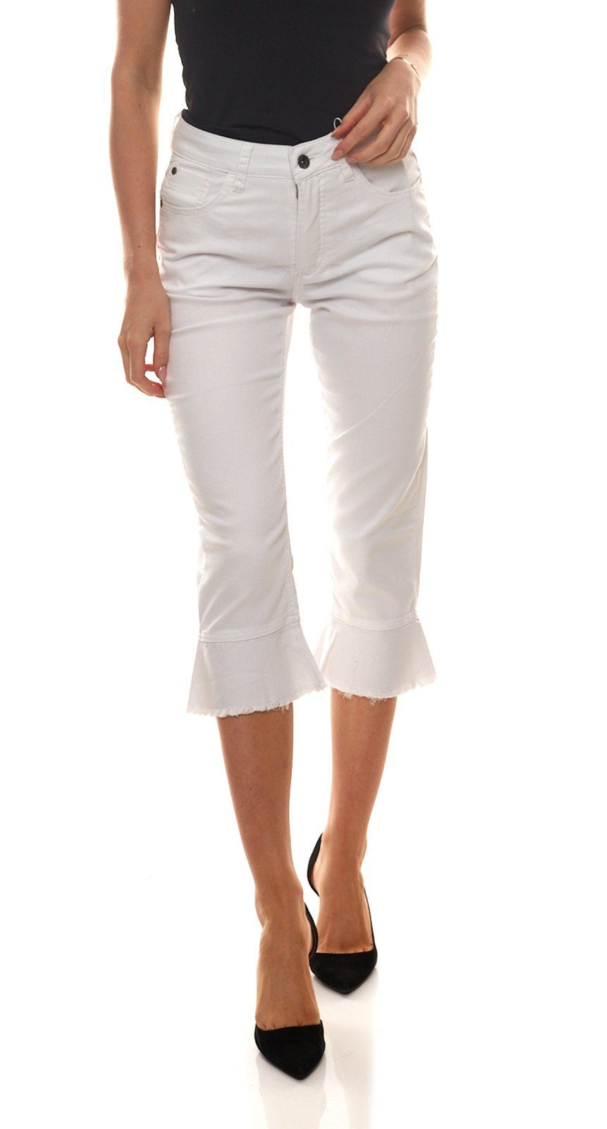 Vision Fitness CLAIRE WOMAN Caprihose CLAIRE WOMAN Stoff-Hose modische Damen Capri-Jeans mit ausgefranstem Volant Freizeit-Hose Weiß