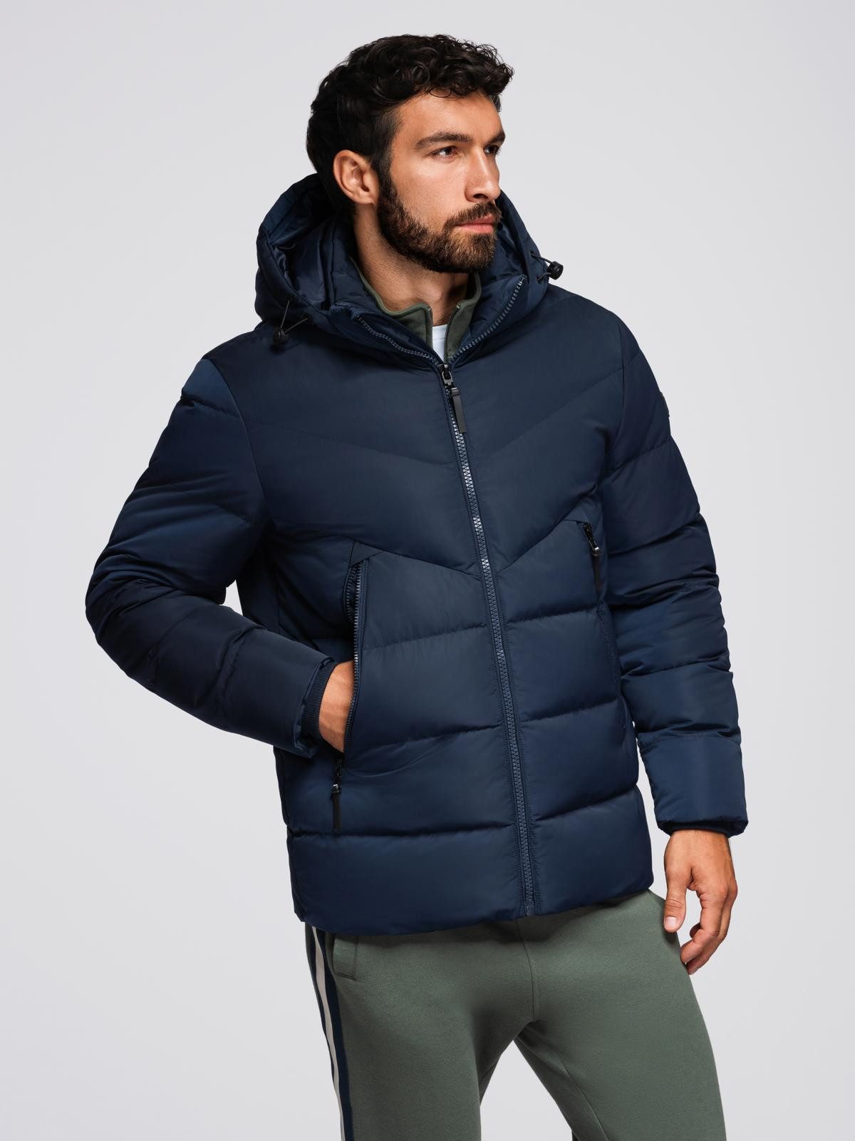 Winterjacke Herrenjacke mit asymmetrischer Steppung und Kapuze – marineblau