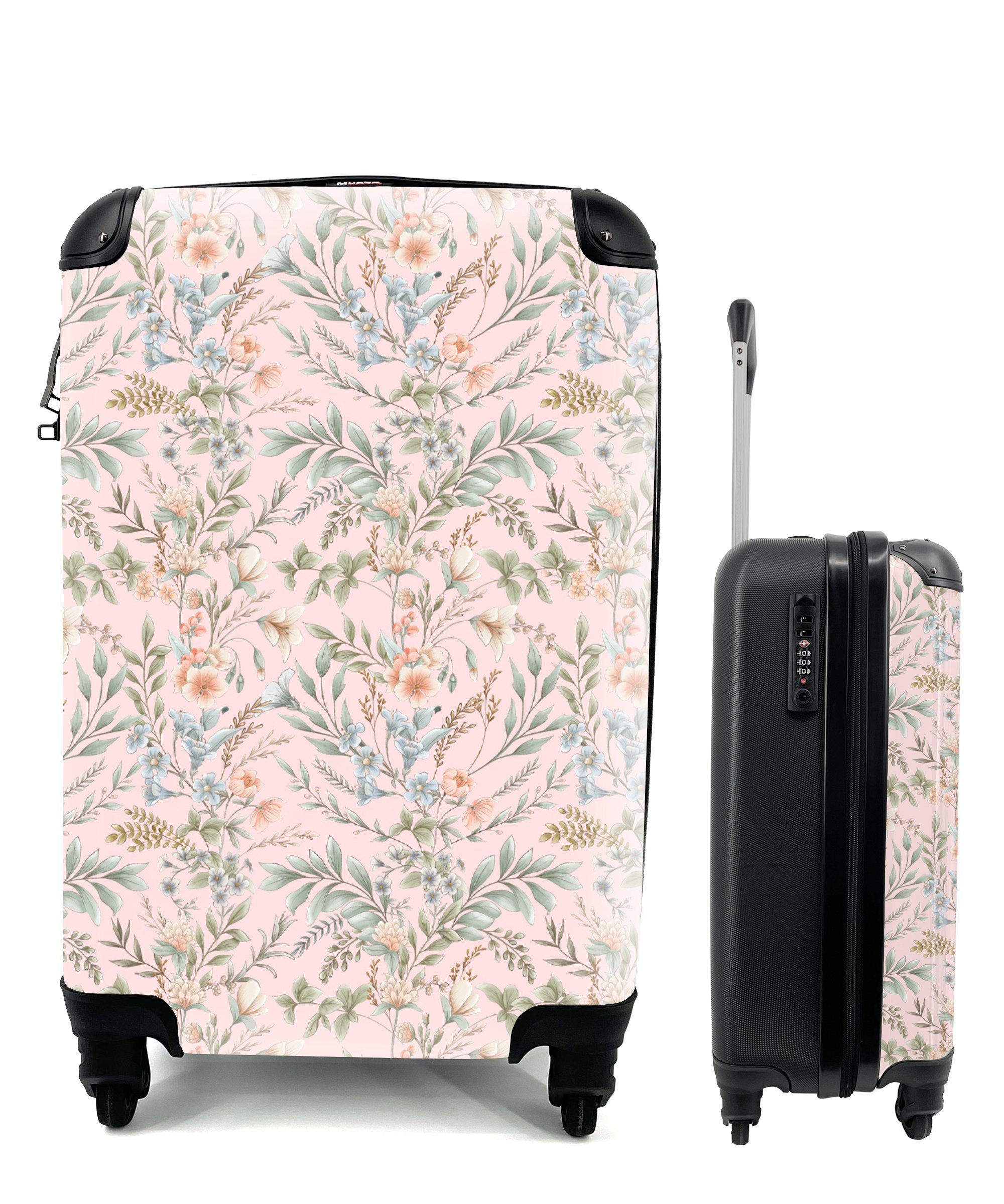 MuchoWow Handgepäckkoffer Blumen - Muster - Rosa, 4 Rollen, Reisetasche mit rollen, Handgepäck für Ferien, Trolley, Reisekoffer