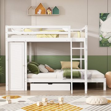 Ulife Etagenbett Holzbett mit Kleiderschrank und Schublade, Kinderbett mit Fallschutz und Gitter,90x200cm