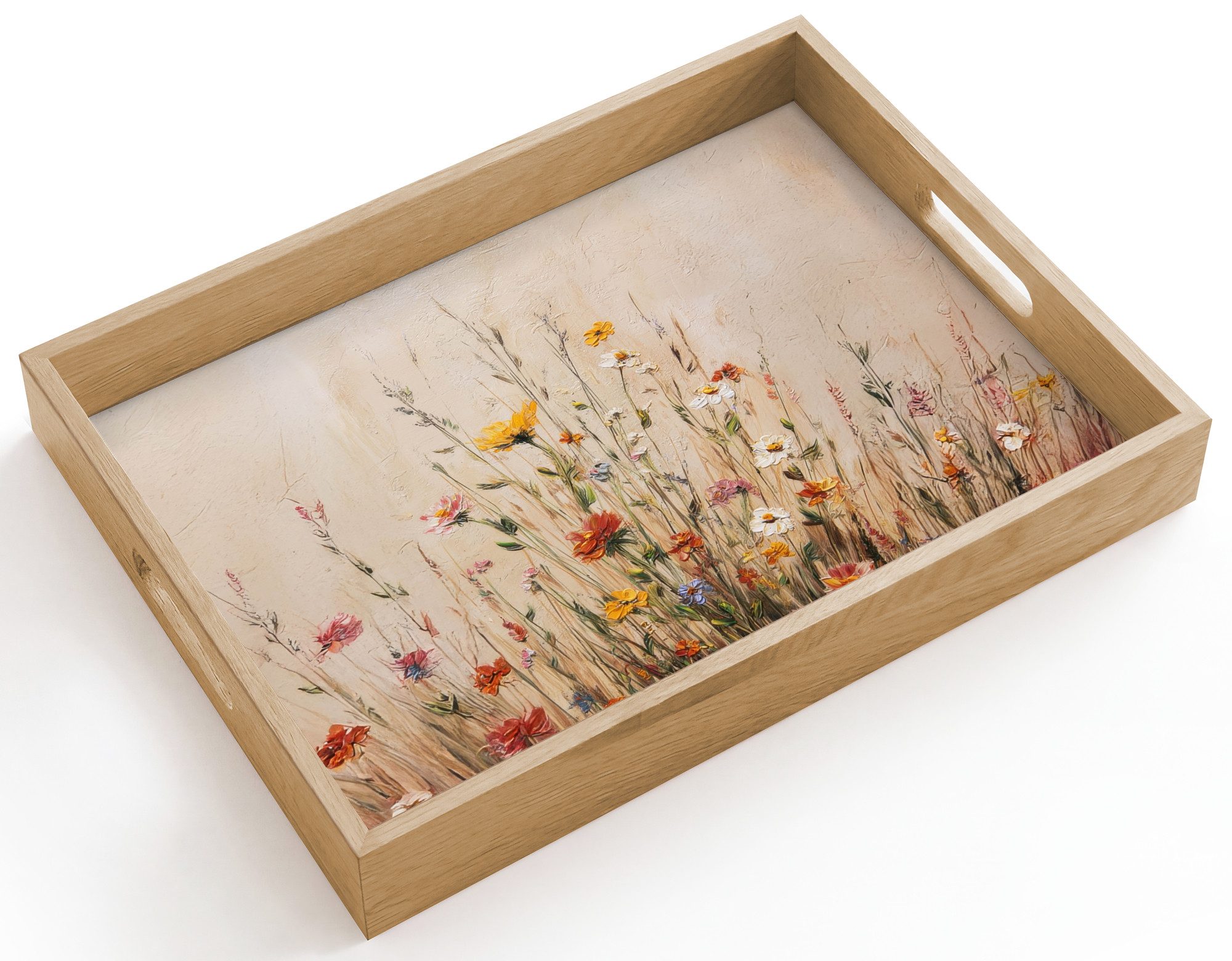 OnlyWow Tablett Rechteckig mit Henkel Wildblumen - Pinselstriche - Ruhig, Eichenholz, (1-tlg), Siervierplatte, Tray, Frühstücksbrett