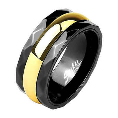 Taffstyle Fingerring Herren Band Ring Facettierter Spinner Gold Schwarz, Bandring Edelstahl 2 Ton Männer Biker Rocker massiv breit Herrenring