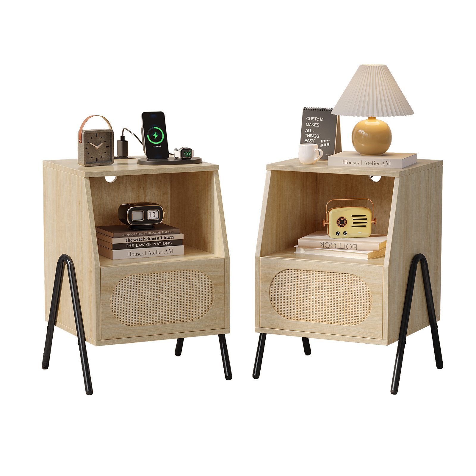 VINGLI Nachttisch mit Ladefunktion, Rattan Beistelltisch günstig online kaufen