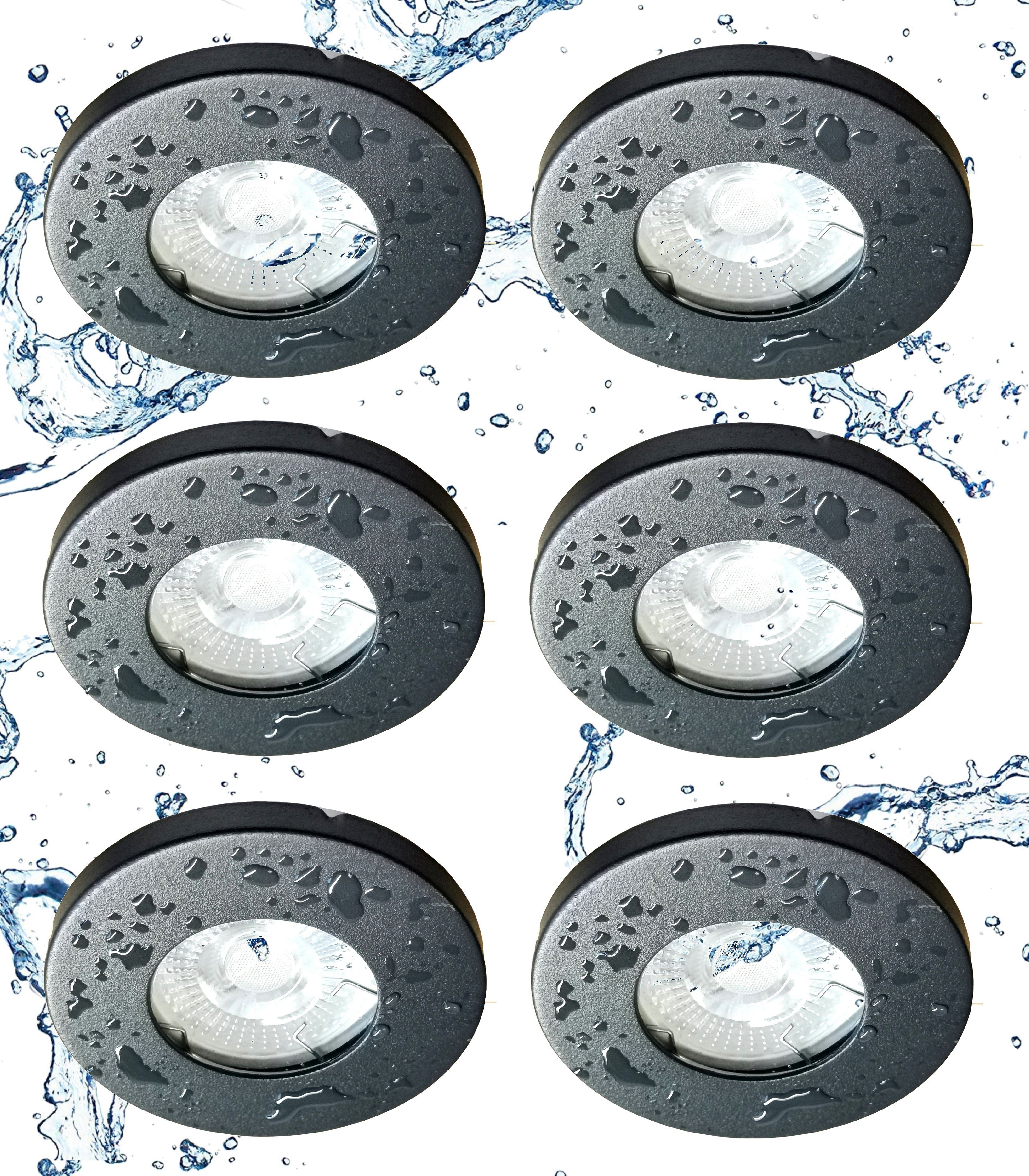 TRANGO LED Einbauleuchte, 6er Set 6729IP-061AK Einbaustrahler IP44 in Rund Anthrazit matt Badleuchte, Einbauleuchte, Deckenspots, Einbauspots, Deckenleuchte inkl. 6x GU10 Lampenfassung für Bad, Sauna, Sauna, Außen, Feuchtraum