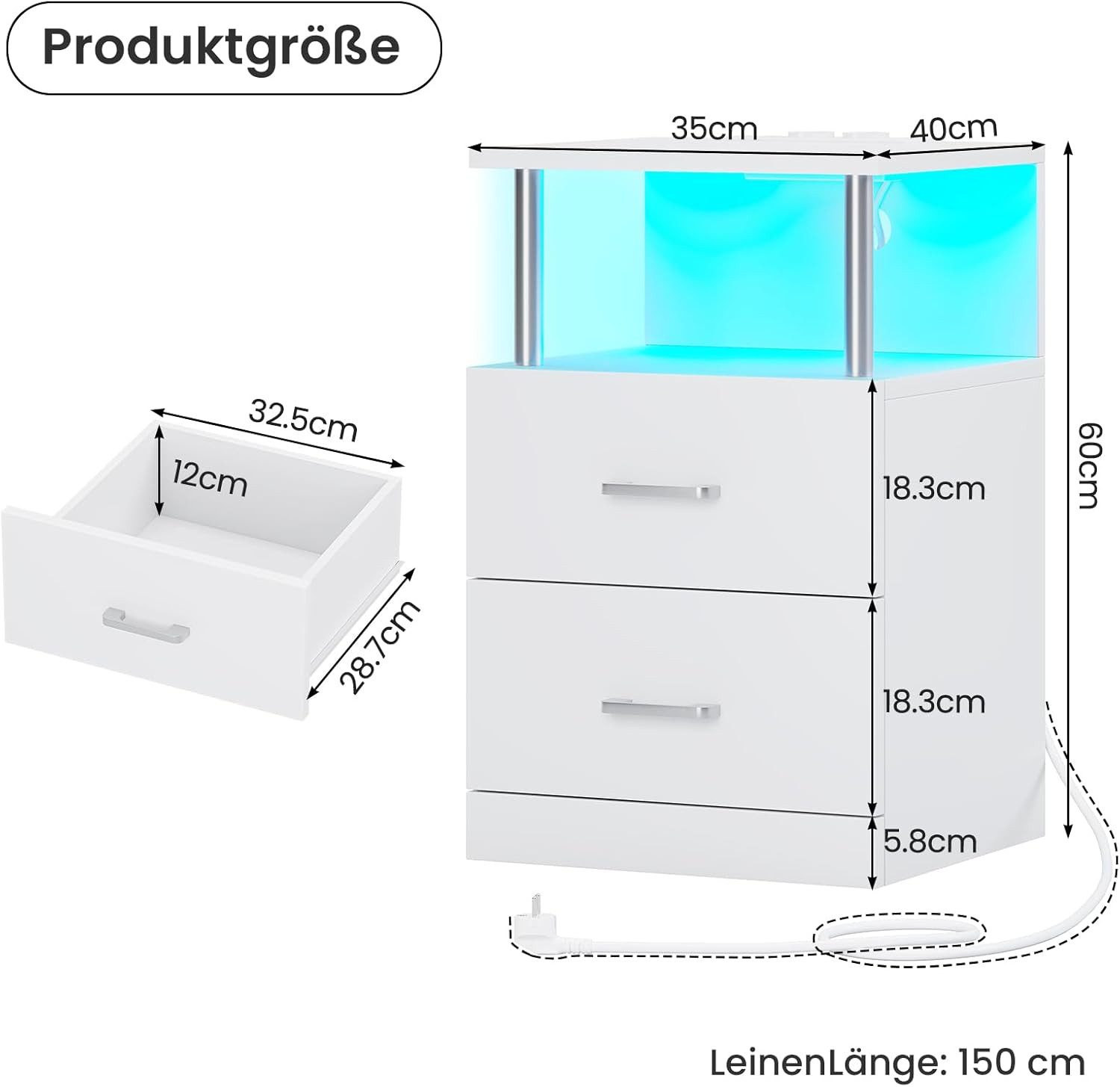 MSMASK Nachttisch mit Ladestation und LED-Leuchten, günstig online kaufen