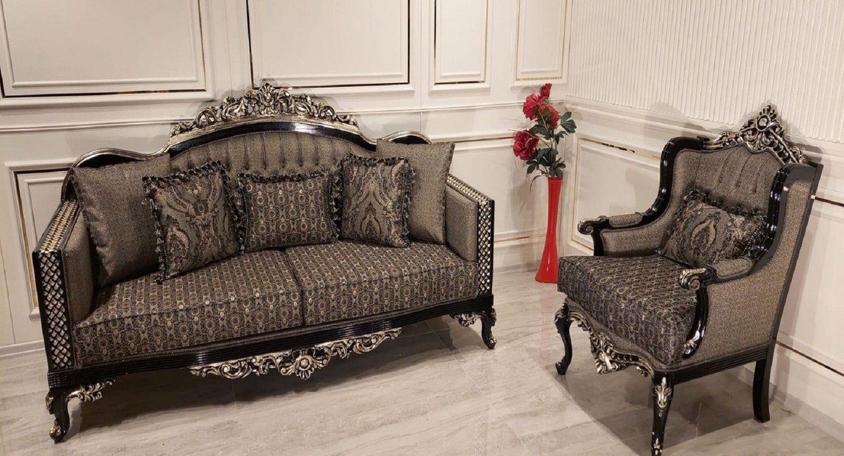 / mit & Muster Luxus Sofa Schwarz Barock - Wohnzimmer Prunkvoll - Gold Möbel Barock Sofa - Sofa Padrino / elegantem Casa Edel Prunkvolles Grau