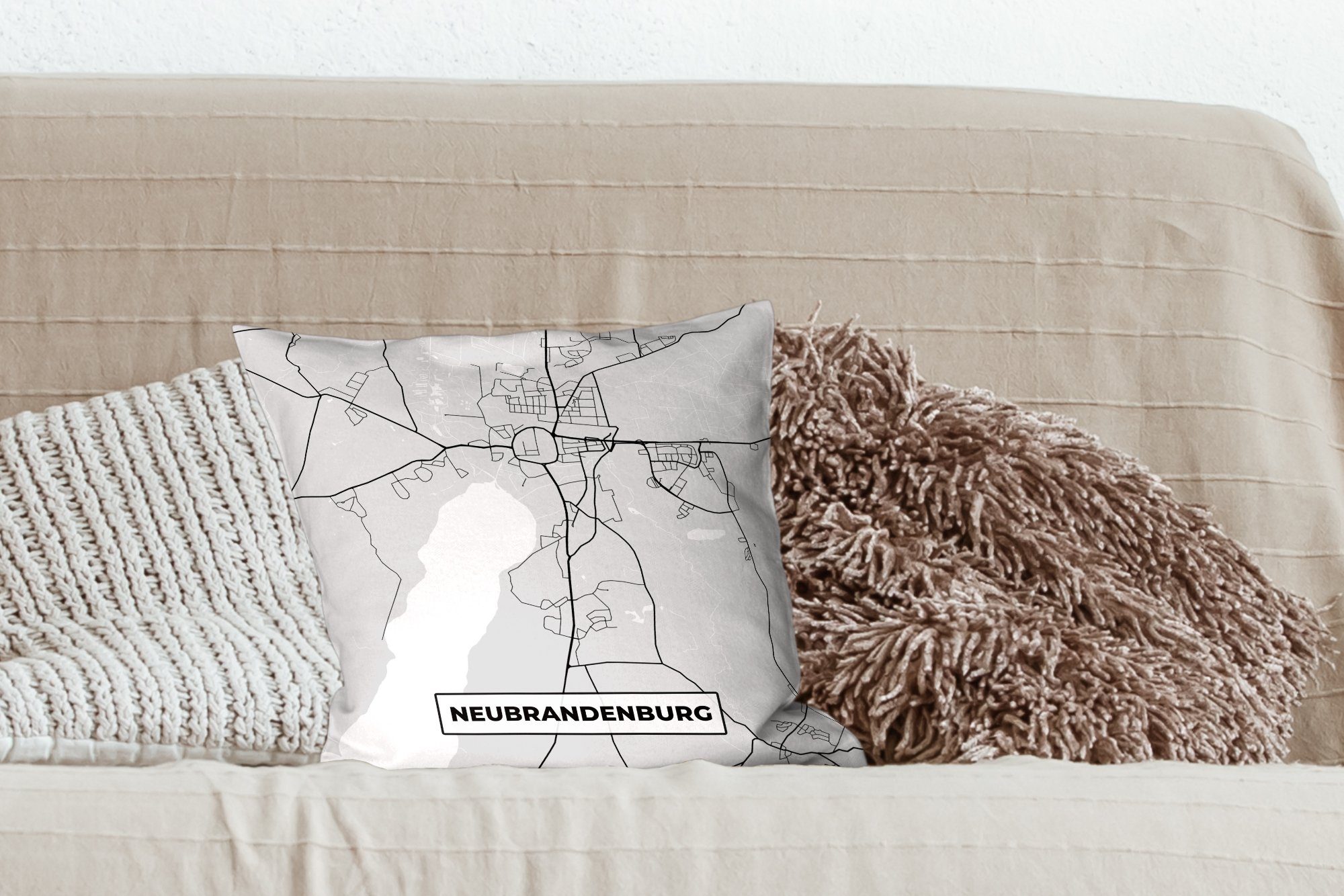 MuchoWow Dekokissen Deutschland - - Neurandenburg, - Stadtplan Schlafzimmer, Wohzimmer, Füllung Zierkissen für Deko, mit Karte Sofakissen