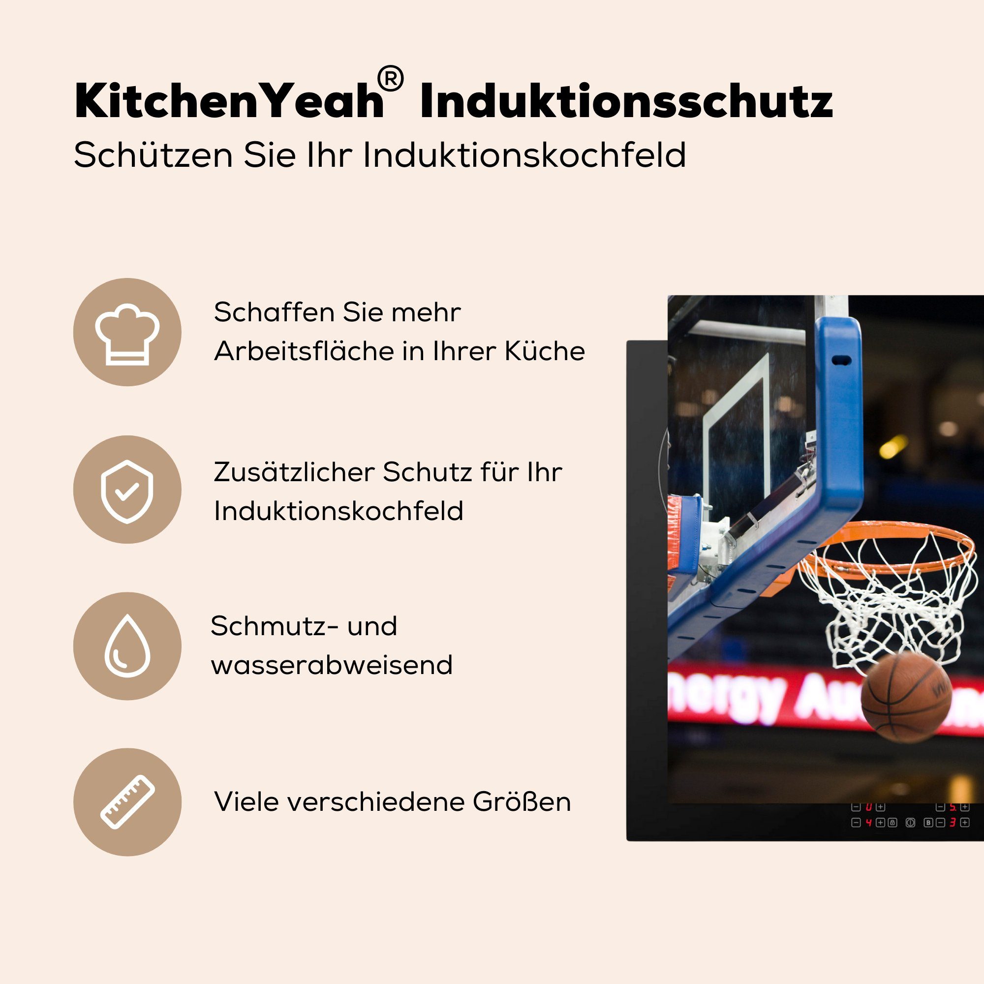 Korb, Induktionskochfeld (1 tlg), den cm, für Basketball MuchoWow Vinyl, küche, durch 81x52 Herdblende-/Abdeckplatte Ceranfeldabdeckung die Schutz geht