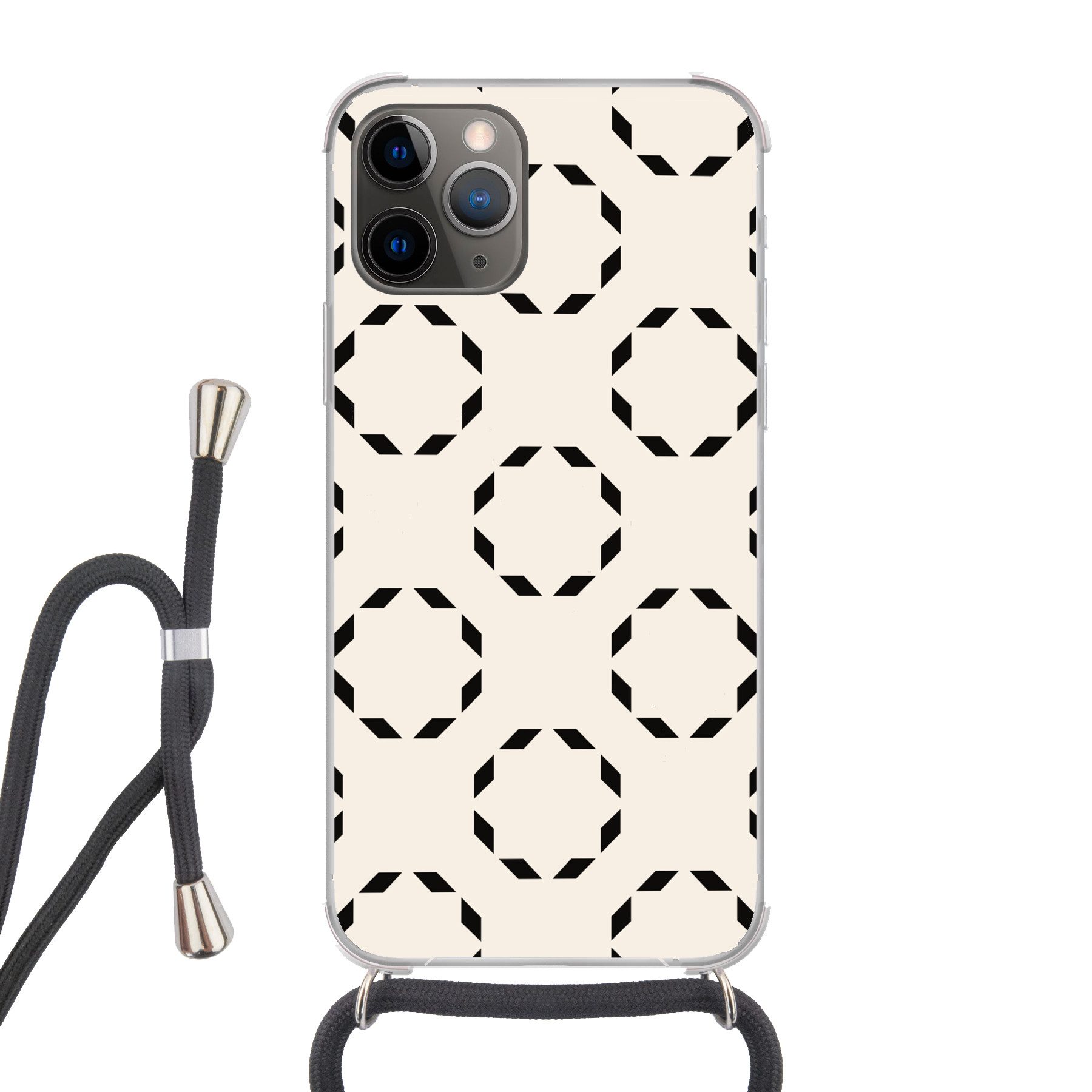 MuchoWow Handyhülle für Apple iPhone 13 Pro Kreise - Muster - Schwarz - Beige - Abstrakt, Tragbare Handyhüllen mit Kette zum umhängen, Handykette Handyband