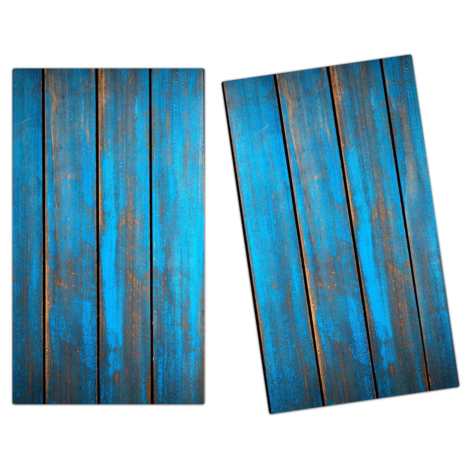 Primedeco Herd-Abdeckplatte Herdabdeckplatte Spritzschutz aus Glas Blaue Holzstruktur, Glas, (2 tlg)