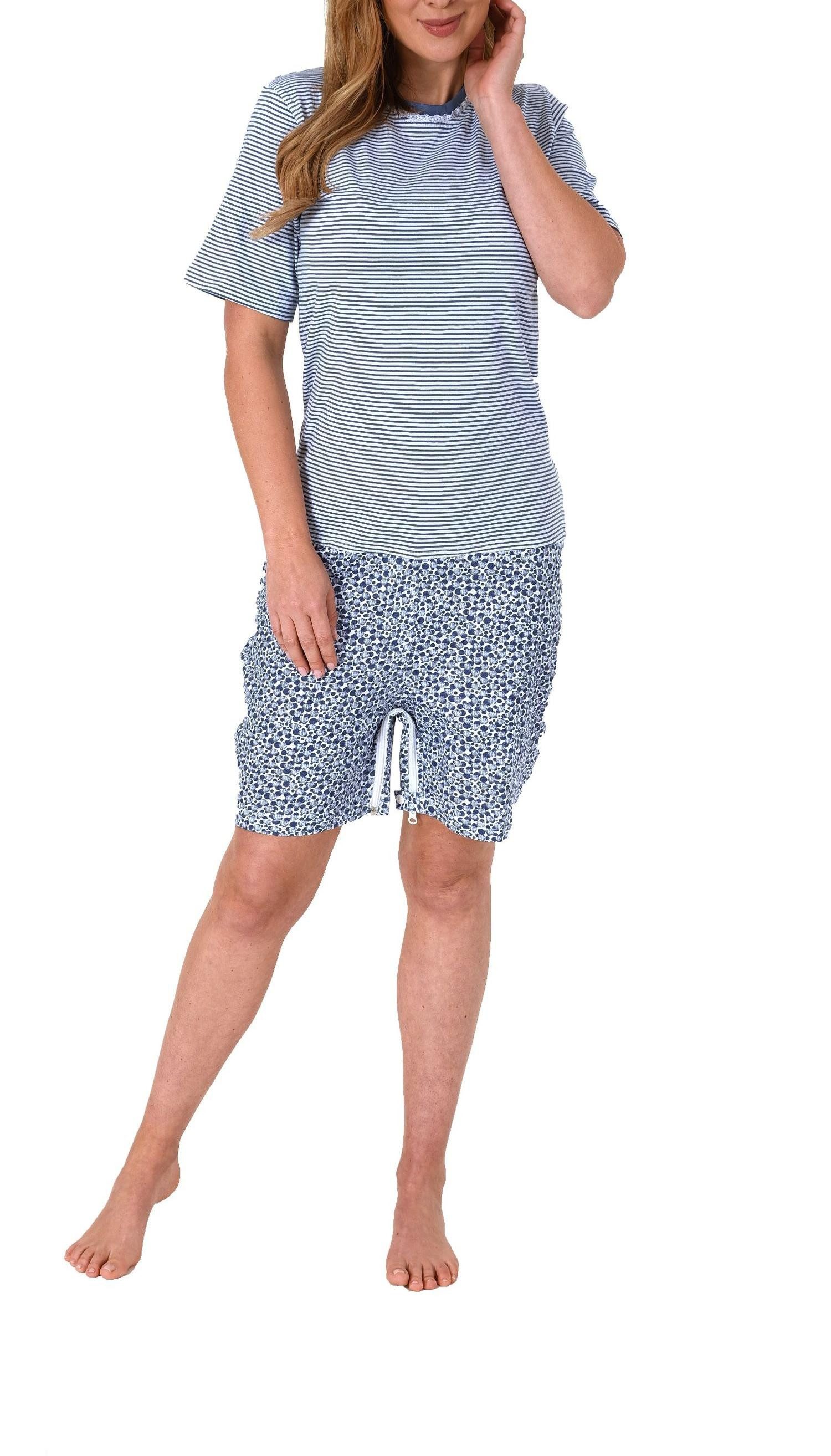 Pyjama Damen Pflegeoverall kurzarm mit Reissverschluss am Rücken und am Bein