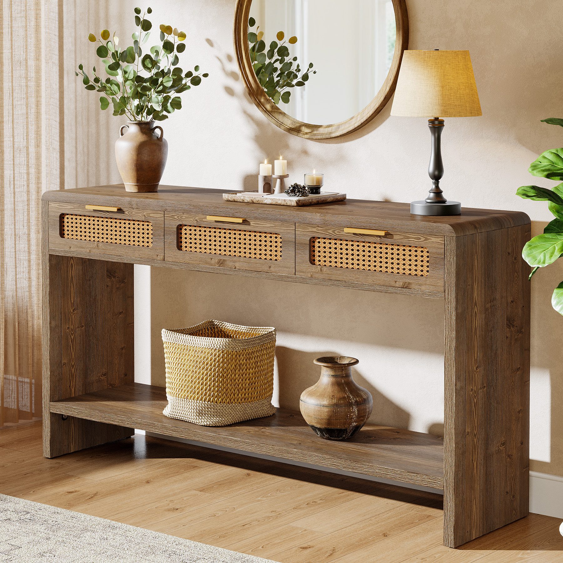 Tribesigns Konsolentisch 140 cm Flurtisch mit 3 Rattan-Schubladen, Schmaler Sofatisch