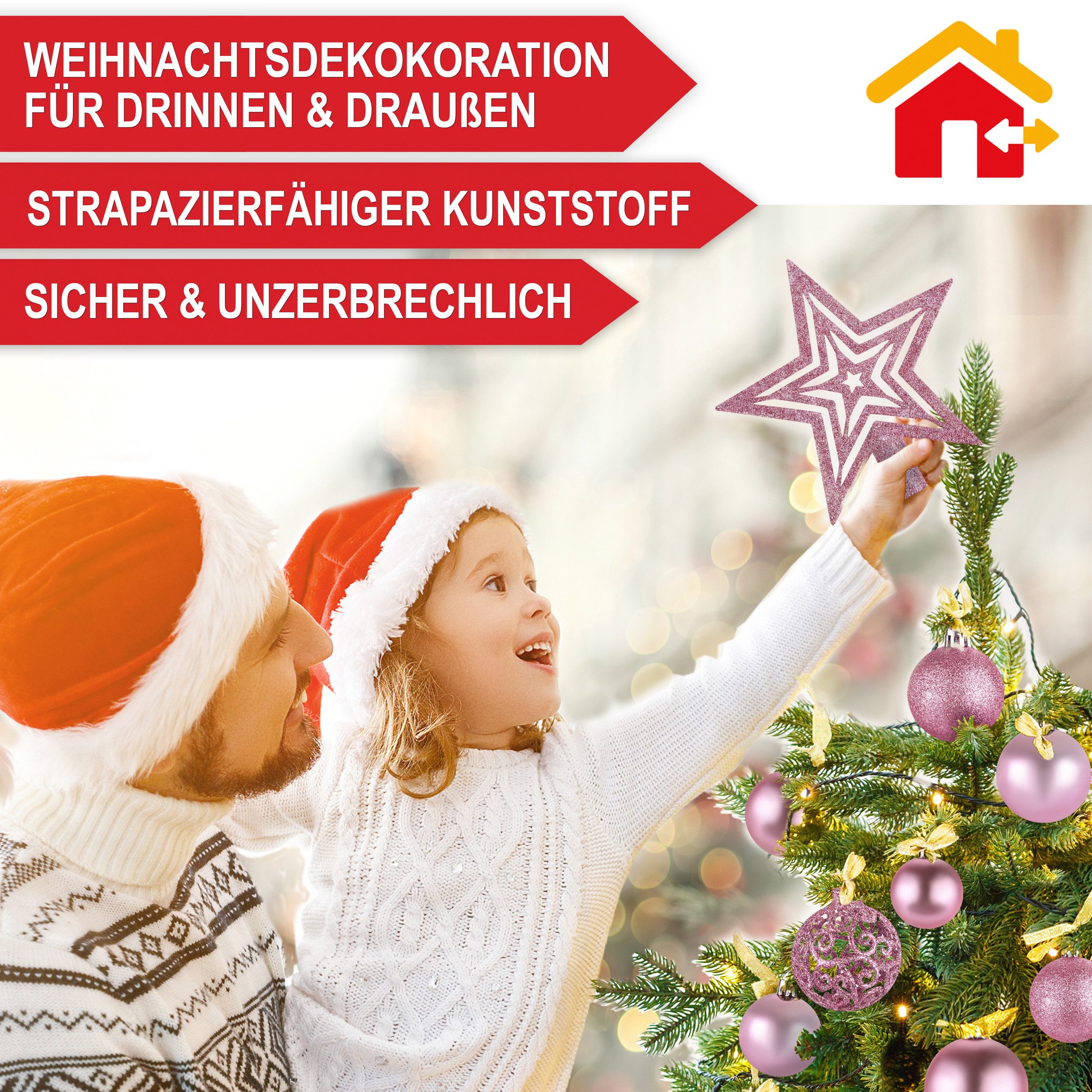 Onbest Weihnachtsbaumkugel Weihnachtskugeln 128-teiliges Set PLUS 5x Karten & 1x Baumspitze, in 3 Größen, 3 Designs, Weihnachtsschmuck Weihnachtsdeko