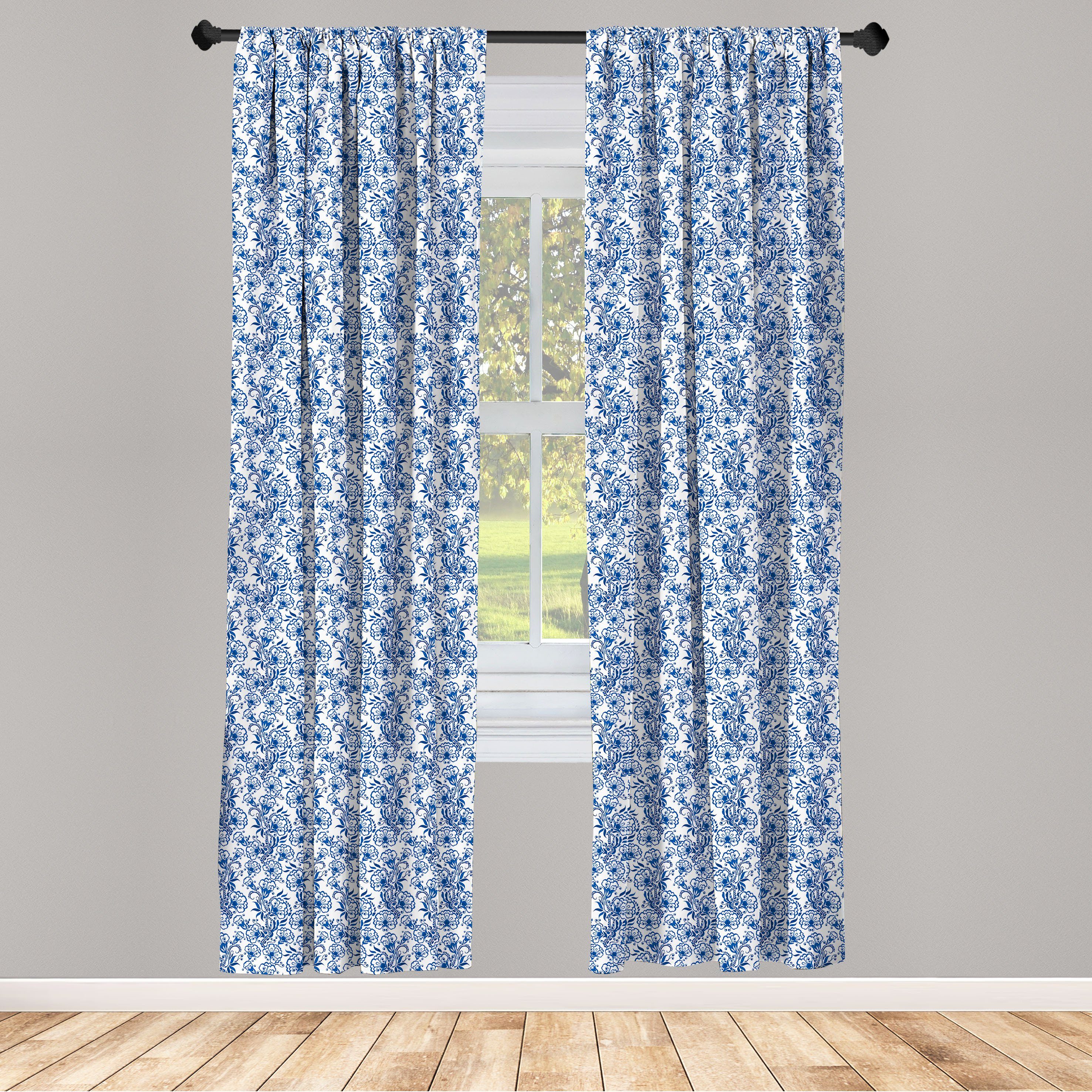 Gardine Vorhang für Wohnzimmer Schlafzimmer Dekor, Abakuhaus, Microfaser, Blau Russisch Gzhel Stil Flora