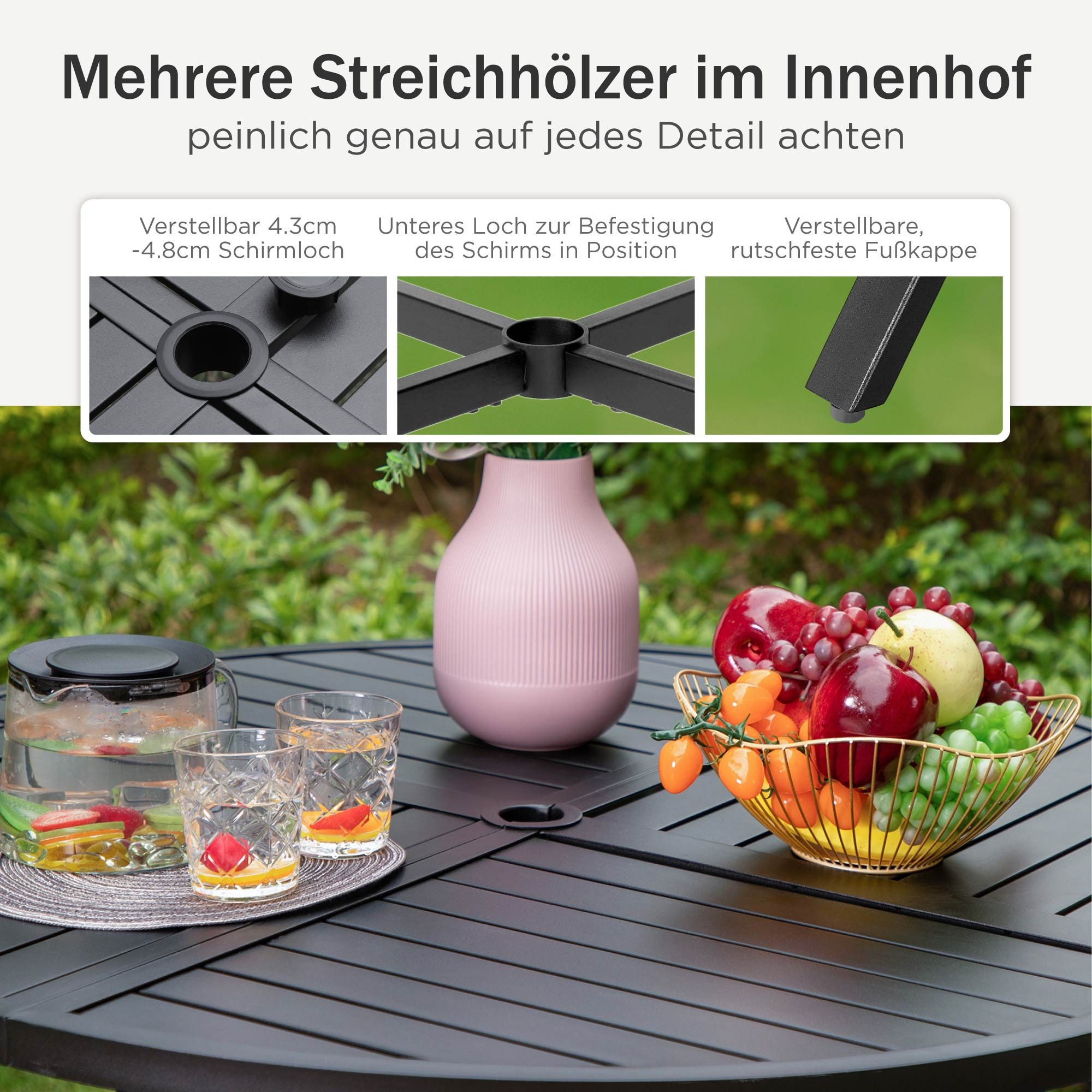 PHI VILLA Gartentisch (für Veranda Balkon Garten, Im Freien Essen Schwarze E-Beschichtung Außen für 4), Patio Tisch Rund Metall mit Schirm Loch