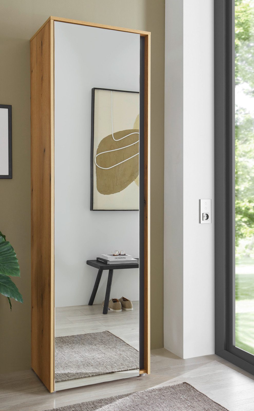 Furn.Design Garderobenschrank Center (Flurgarderobe mit Spiegelfront in Eiche und Grau, 60 x 200 cm) mit großer Spiegeltür