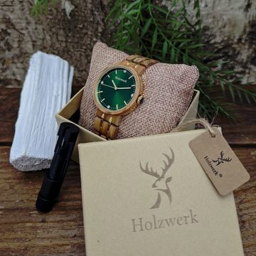 Holzwerk Quarzuhr PIRNA edle Damen Strass Holz Armband Uhr, beige braun, gold & grün