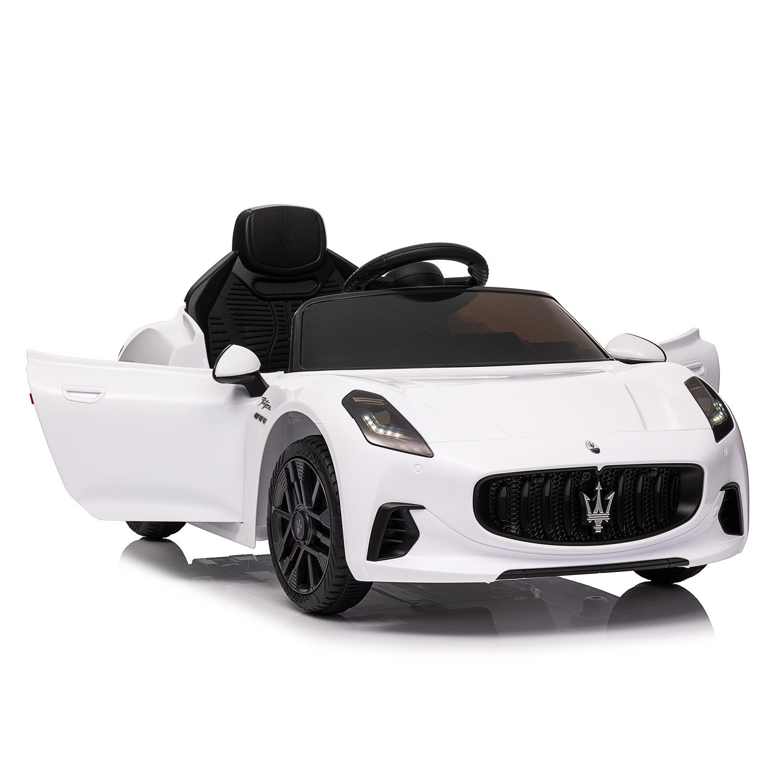 VINGLI Elektro-Kinderauto Maserati Gran Turismo Folgore, Elektrofahrzeug ab 3 Jahren, 2,4GHz Fernsteuerung, 12V, Dual-Motor, 2 Fahrmodi, Schwarz/Weiß