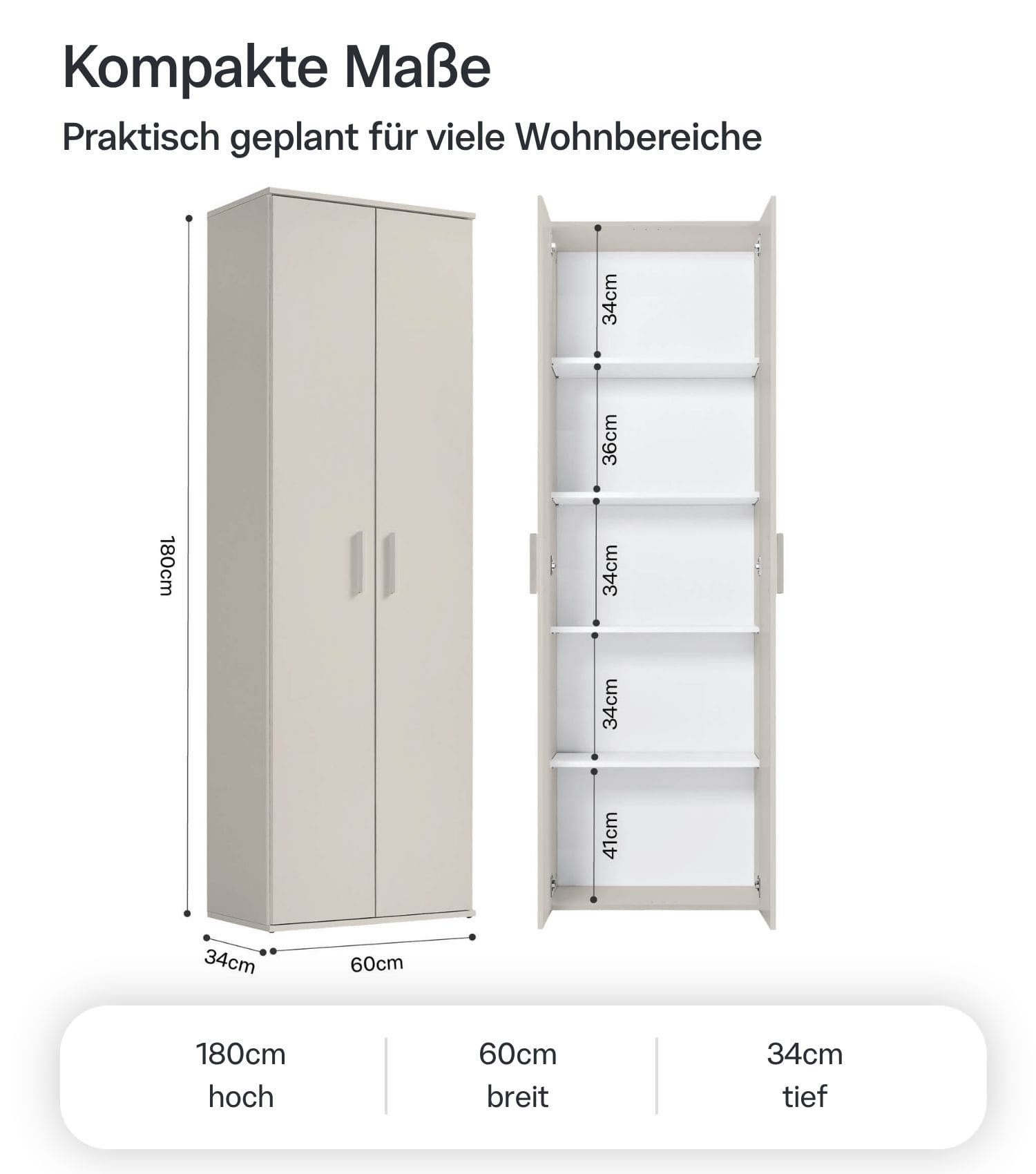 mokebo Mehrzweckschrank Der Lange (60x180 cm, mit 4 Einlegeböden) Made in Germany, Aktenschrank, Flurschrank, Schuhschrank in Beige – Bild 4 von 5