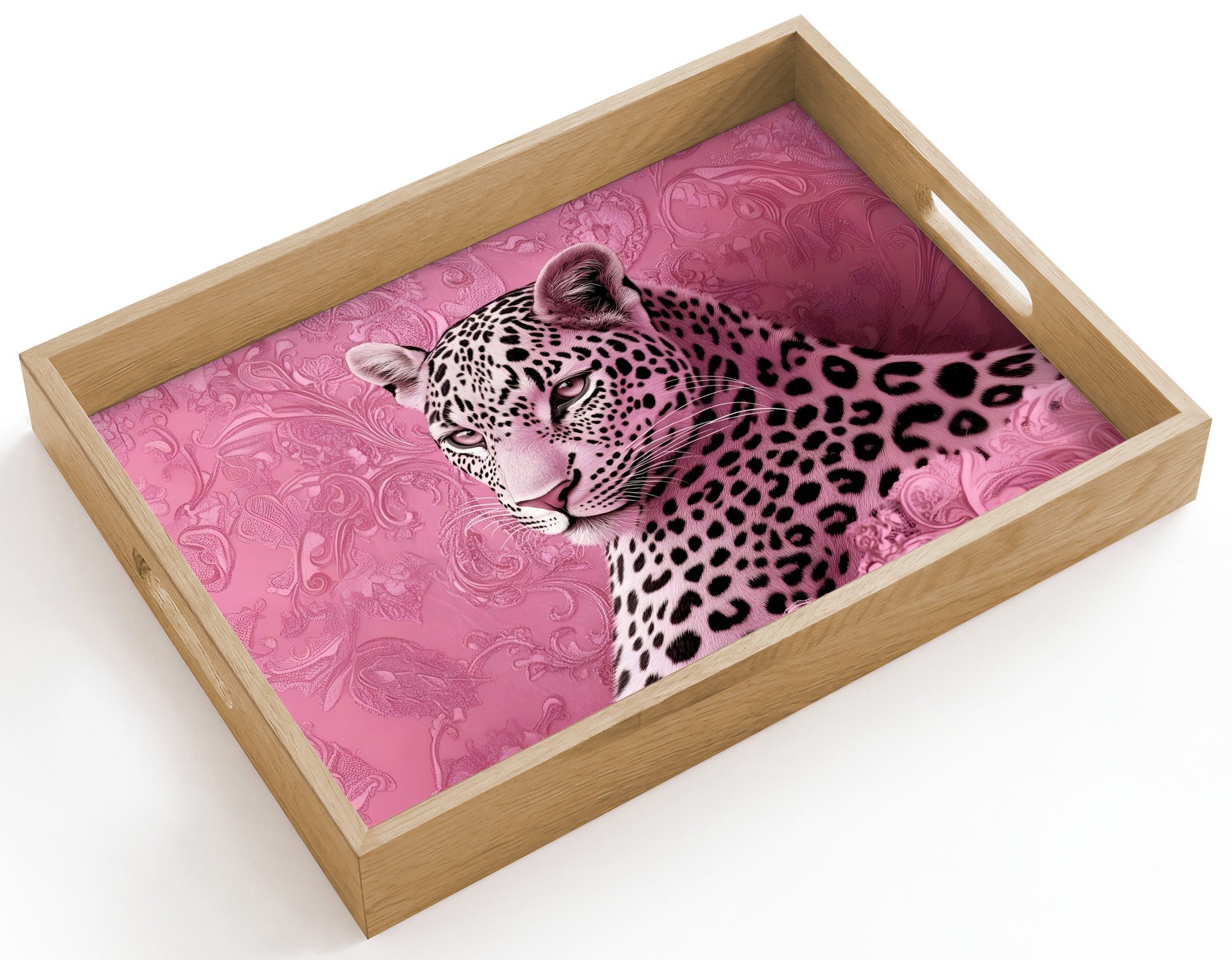 OnlyWow Tablett Rechteckig mit Henkel Panther - Deluxe - Rosa, Eichenholz, (1-tlg), Siervierplatte, Tray, Frühstücksbrett