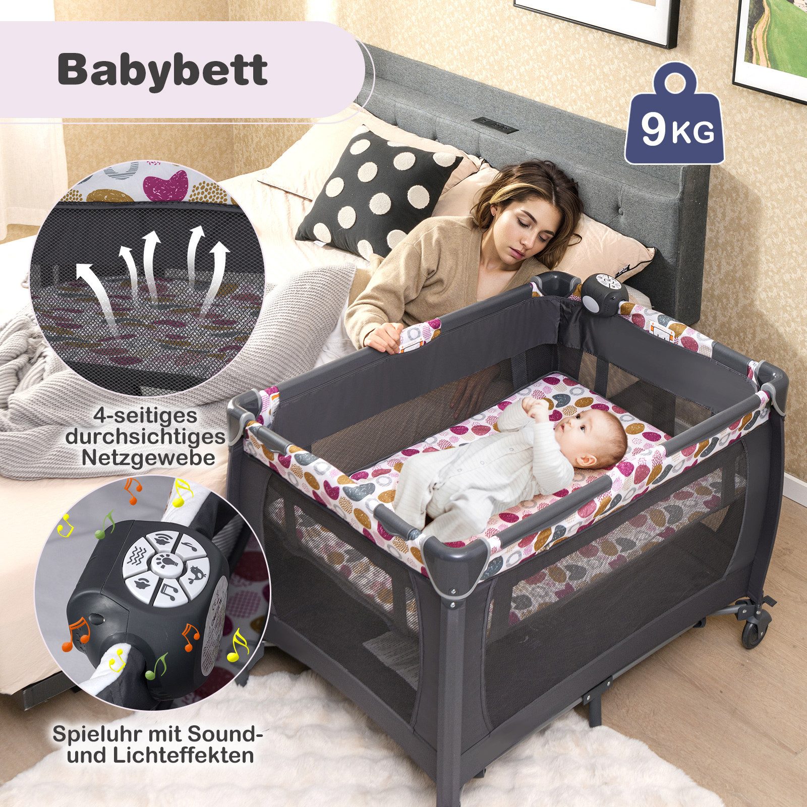 COSTWAY Baby-Reisebett, 1-tlg., Laufstall, Babybett mit Babywiege, Wickeltisch, Matratze