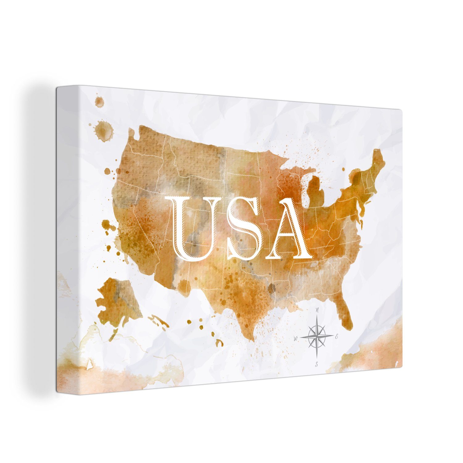 OneMillionCanvasses® Leinwandbild Vereinigte Staaten - Weltkarte - Ölfarbe, (1 St), Wandbild Leinwandbilder, Aufhängefertig, Wanddeko, 30x20 cm