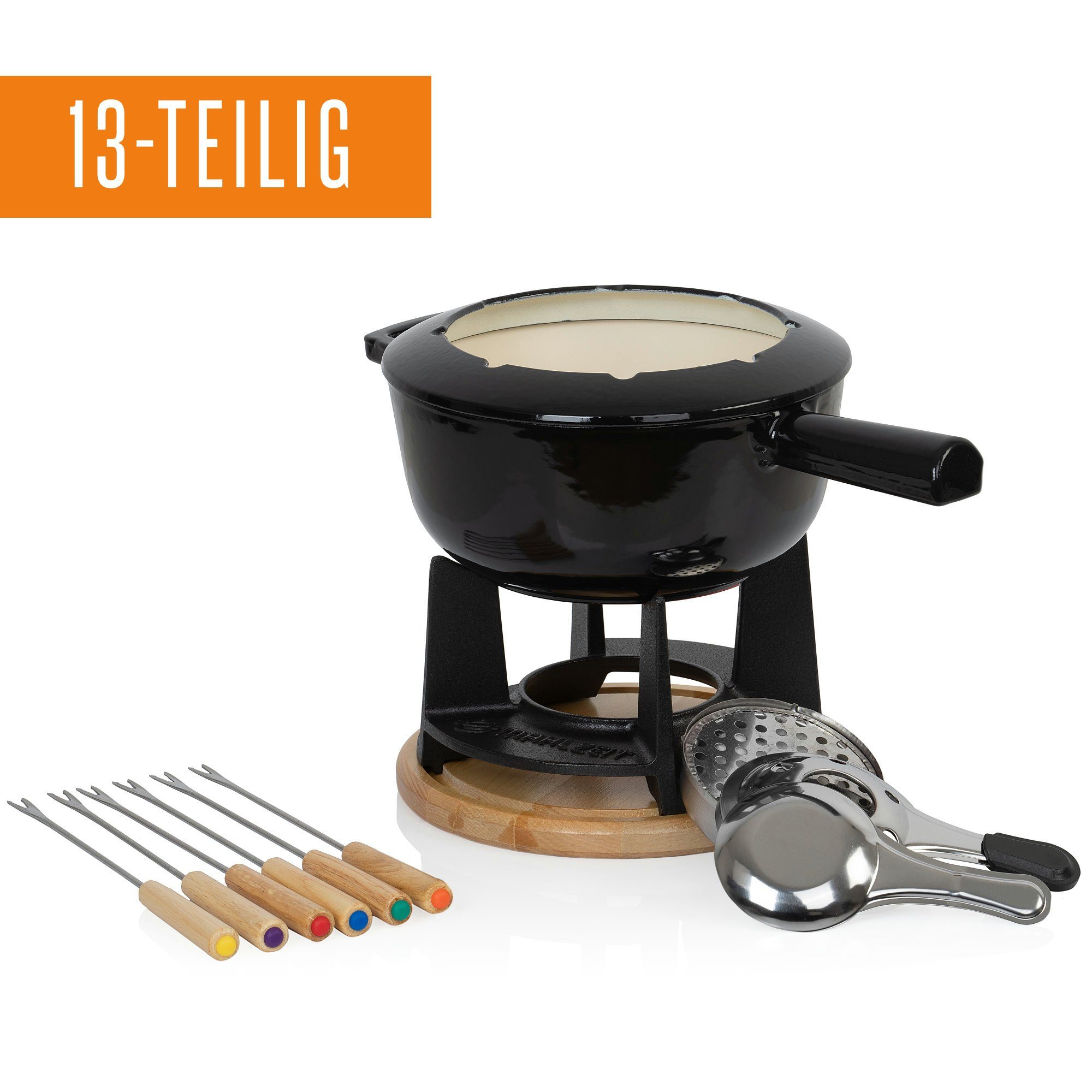 Mahlzeit Fondue 13-teiliges Gusseisen Fondue Set für 6 Personen, 2 L, emailliert, 6 Fonduegabeln, 2.00 l, für Käsefondue, Schokoladenfondue, Fleischfondue
