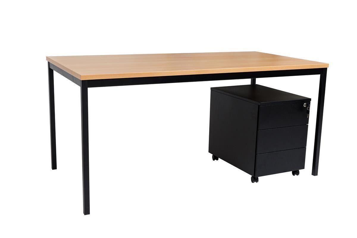 Furni24 Schreibtisch Schreibtisch und Stahl cm Rollcontainer, Buche, Schübe, 140X80X75 3