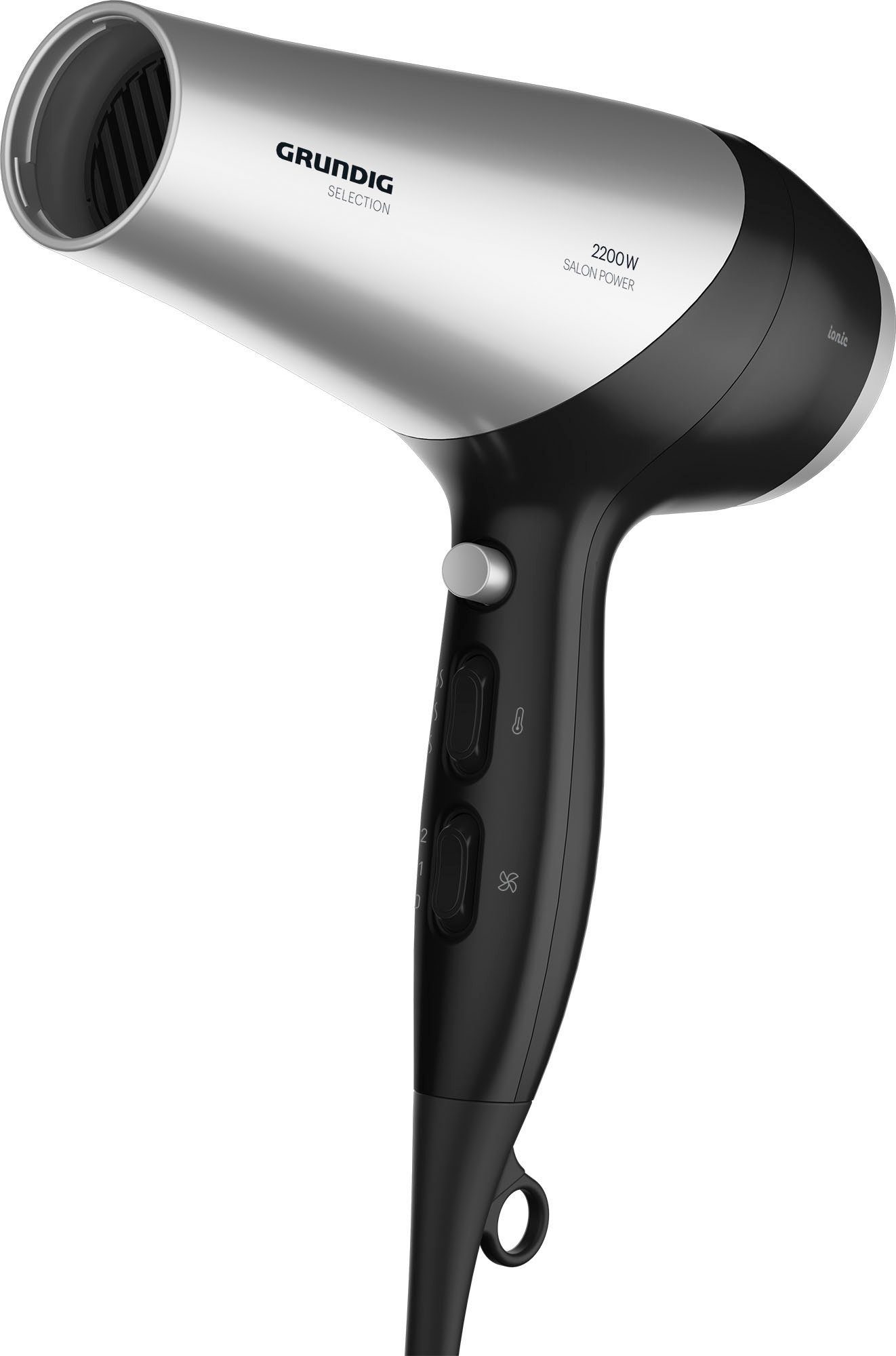 Grundig Haartrockner HD 6080 B, 2200 W, 2200W Ionen-Haartrockner mit Keramikschutz für glänzendes Haar schwarz|silberfarben