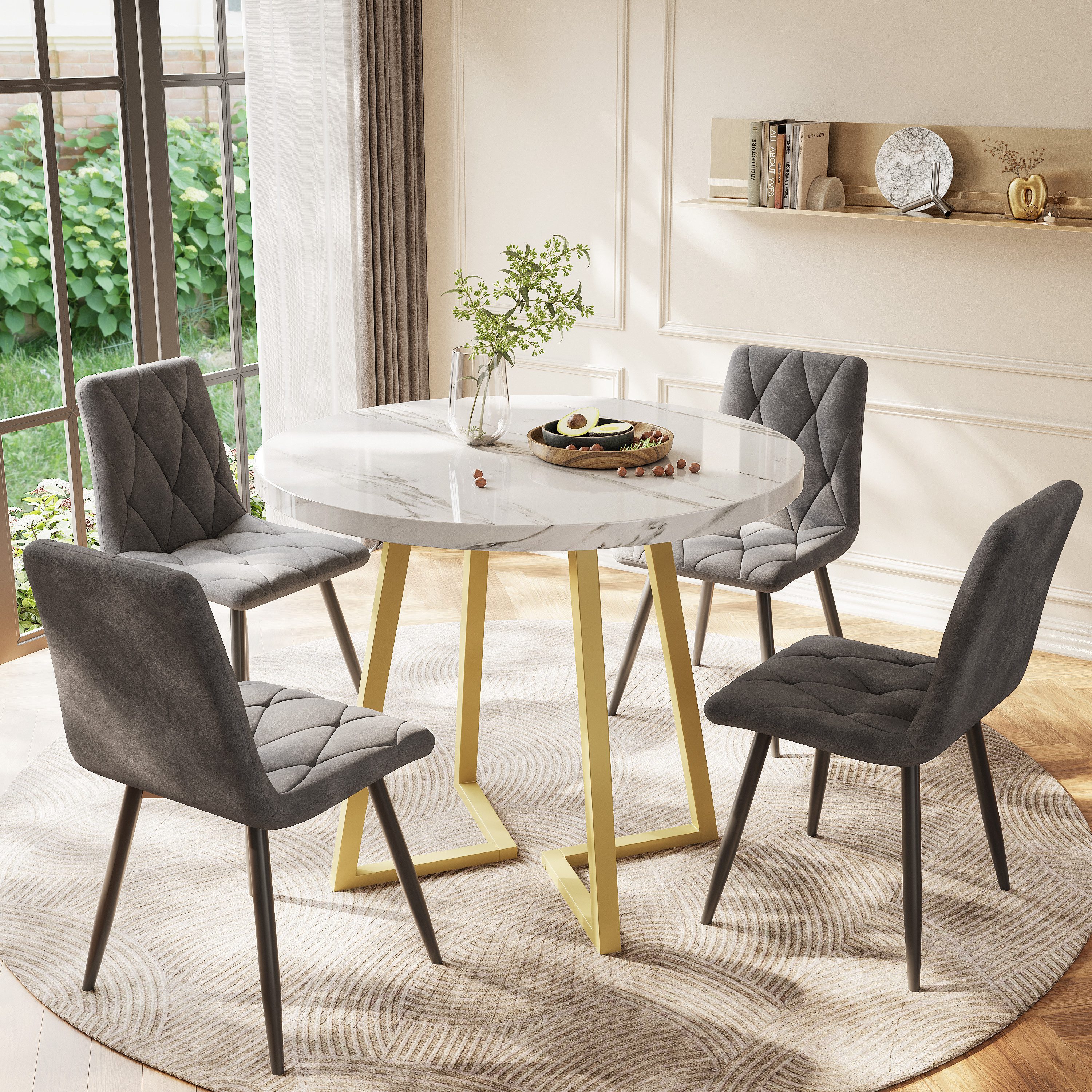 Flieks Essgruppe, (Sitzgruppe Set, Metallbeine, 5-tlg., 1 Tisch mit 4 Stühlen), runder Esstisch mit 4 Stühlen Set Küchetisch Esszimmerstuhl Samt