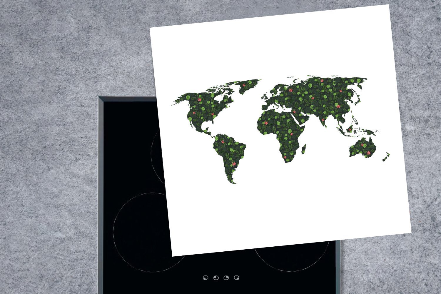 78x78 tlg), (1 - cm, Weltkarte Blumen Ceranfeldabdeckung, - Arbeitsplatte Vinyl, Blätter, Herdblende-/Abdeckplatte küche MuchoWow für