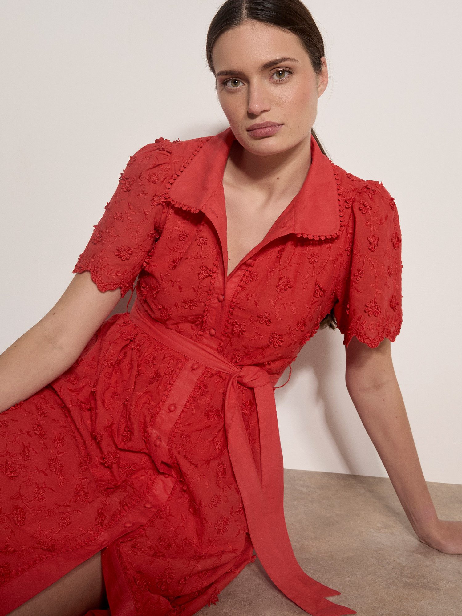 Apricot Midikleid Baumwollkleid (Stoffgürtel) mit Blumenstickerei