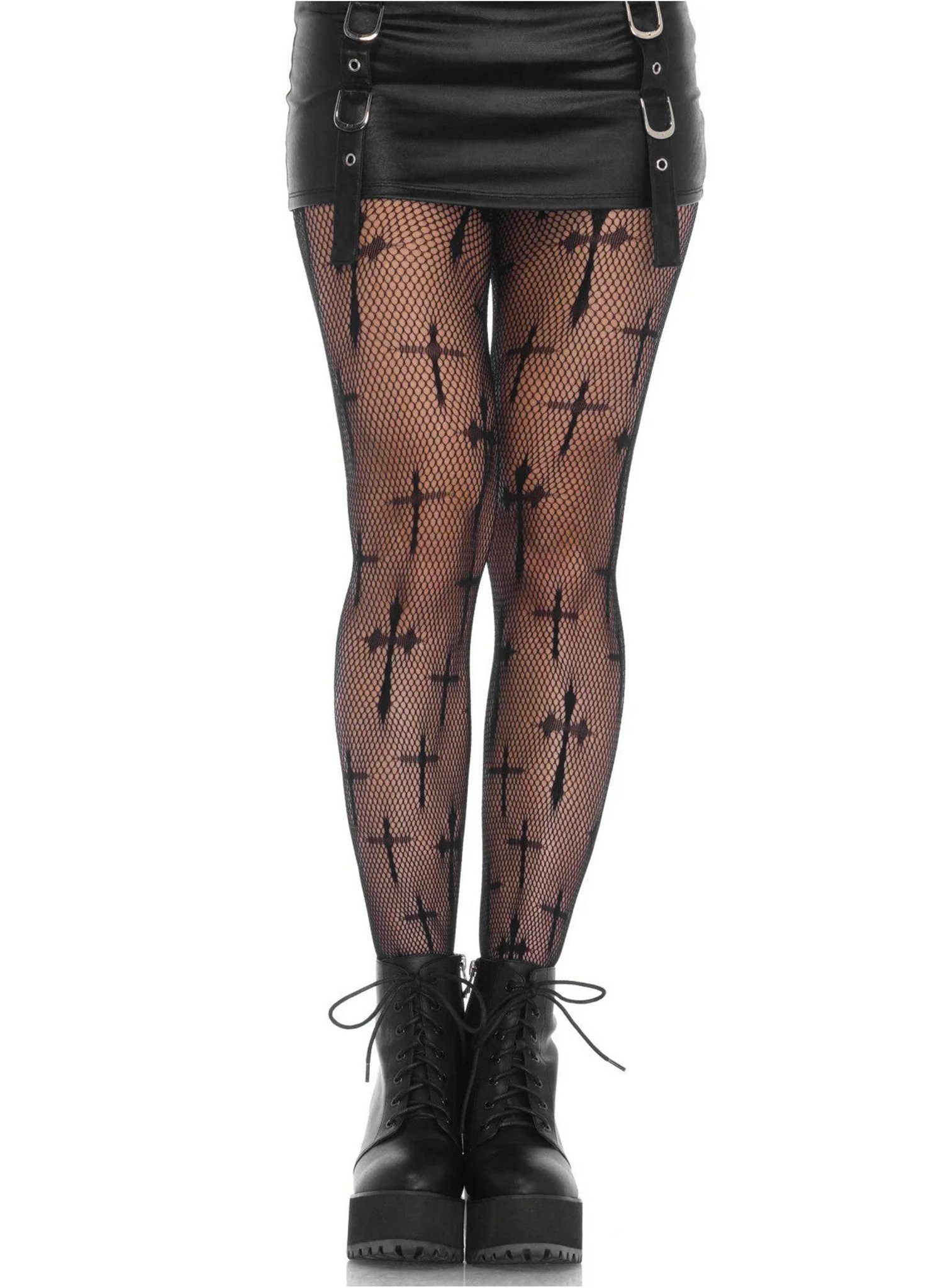 Leg Avenue Strumpfhose Kreuz Strumpfhose - für Halloween Kostüm Damen (1 St) Schwarze Fishnet-Strumpfhose mit christlichen Kreuzen