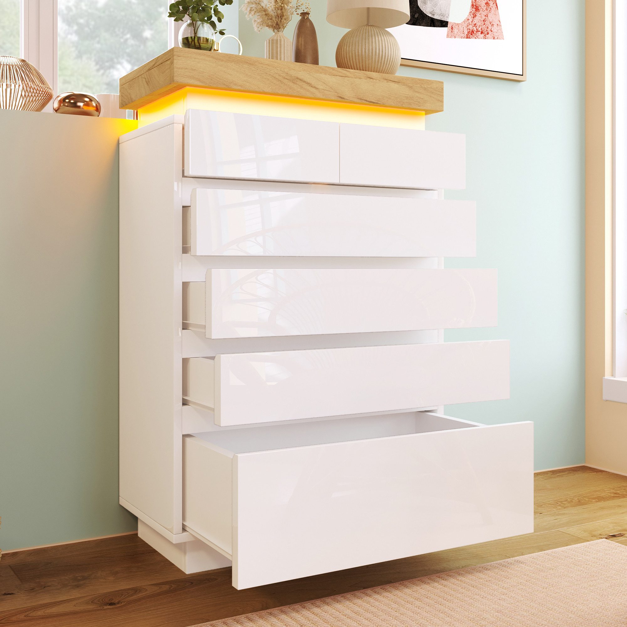 Flieks Kommode mit 6 Schubladen Hochschrank Weiß (für Wohnzimmer und Schlafzimmer, 1 St), Sideboard mit LED-Beleuchtung Mehrzweckschrank Hochglanz, Breite 73 cm