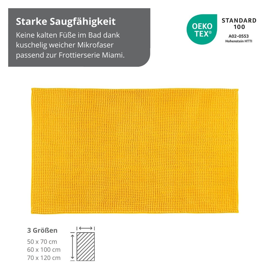 liebling Badematte, Fußbodenheizung geeignet, Polyester, rechteckig, Antirutsch-Beschichtung, sehr Saugfähig, Größe: 50x70 cm, gelb