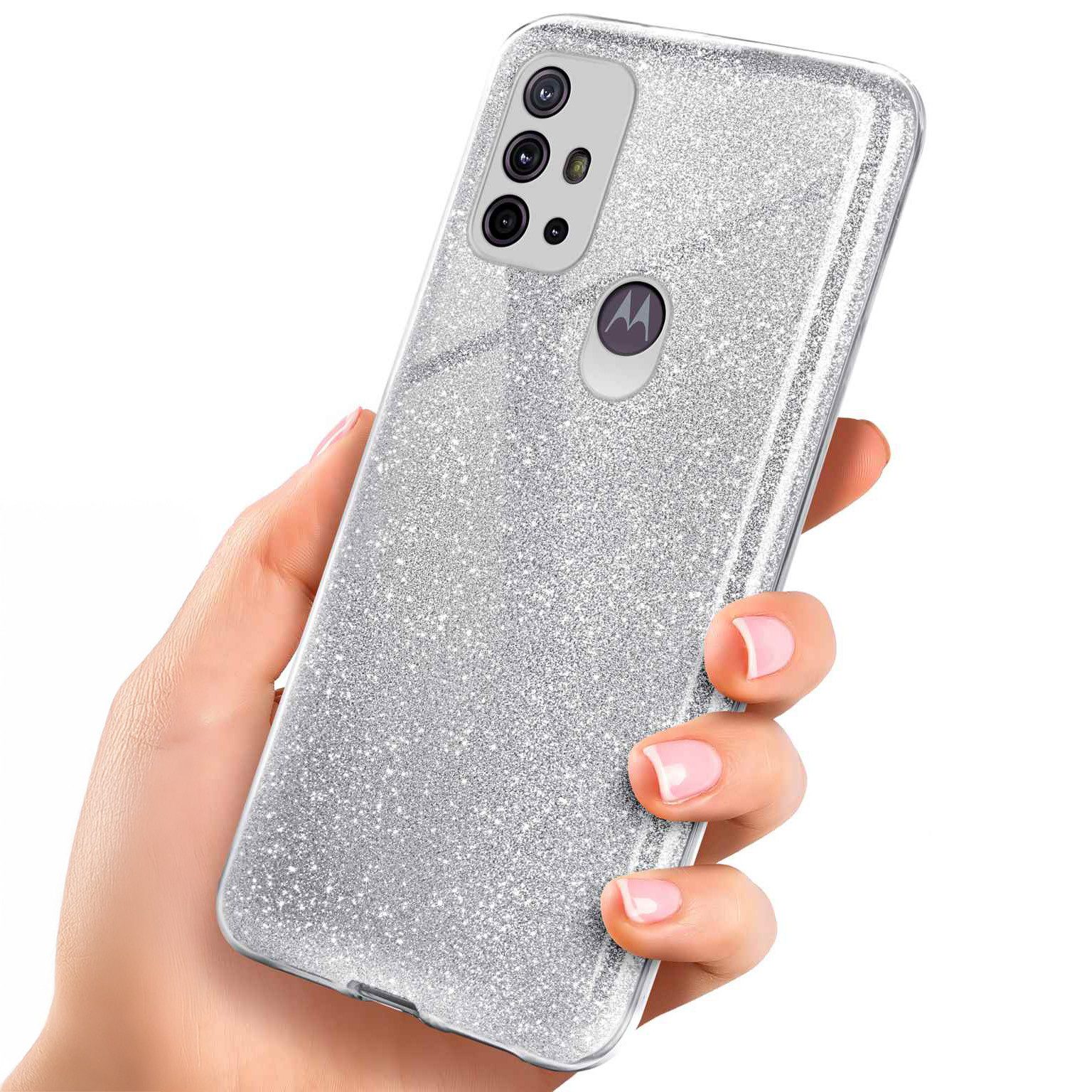 Handyhülle für Motorola Moto G10 Glitzer Hülle Glitter Case Silber