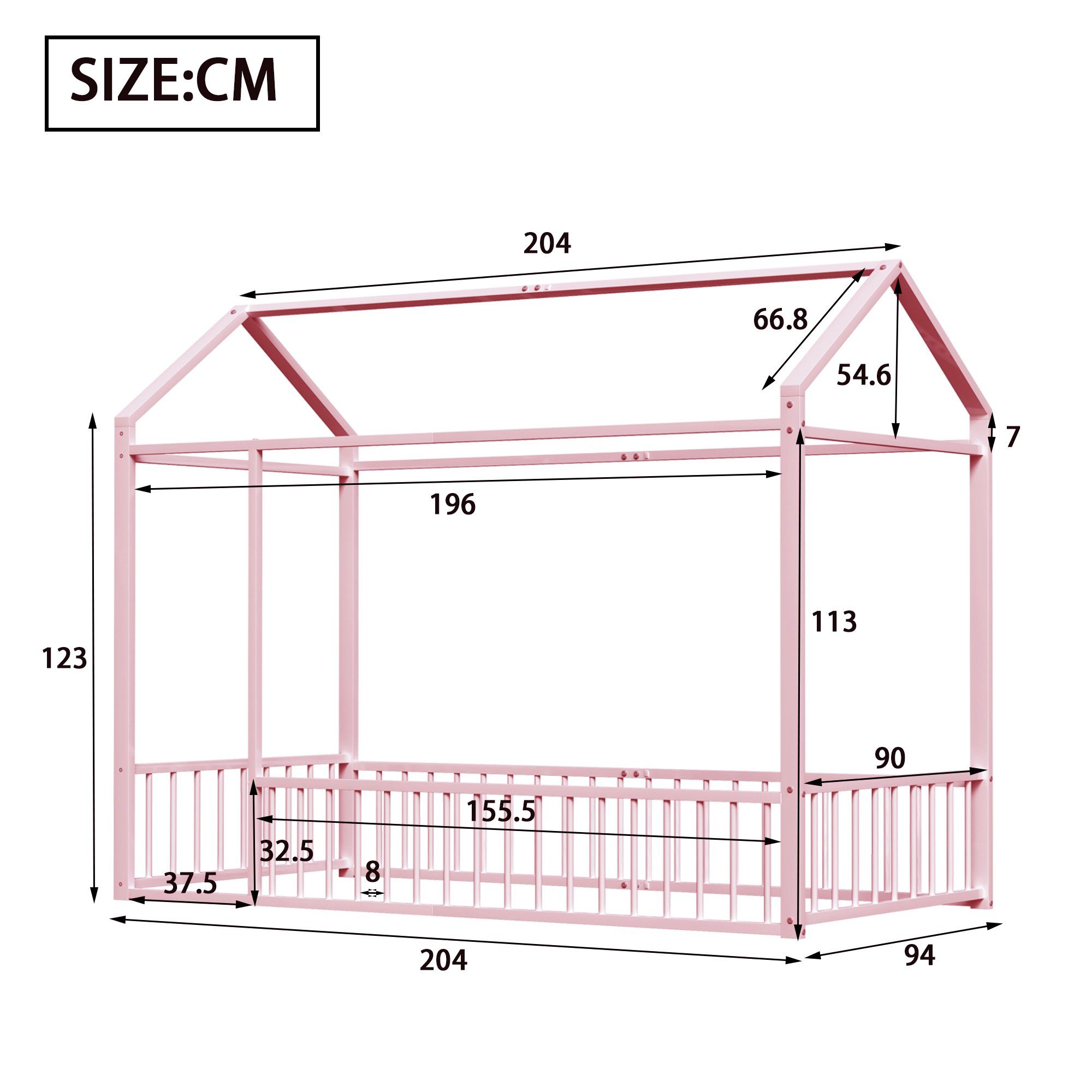 mit 90X200cm Flieks Kinderbett ohne Hausbett Metallbett, Dach Einzelbett rosa Lattenrost