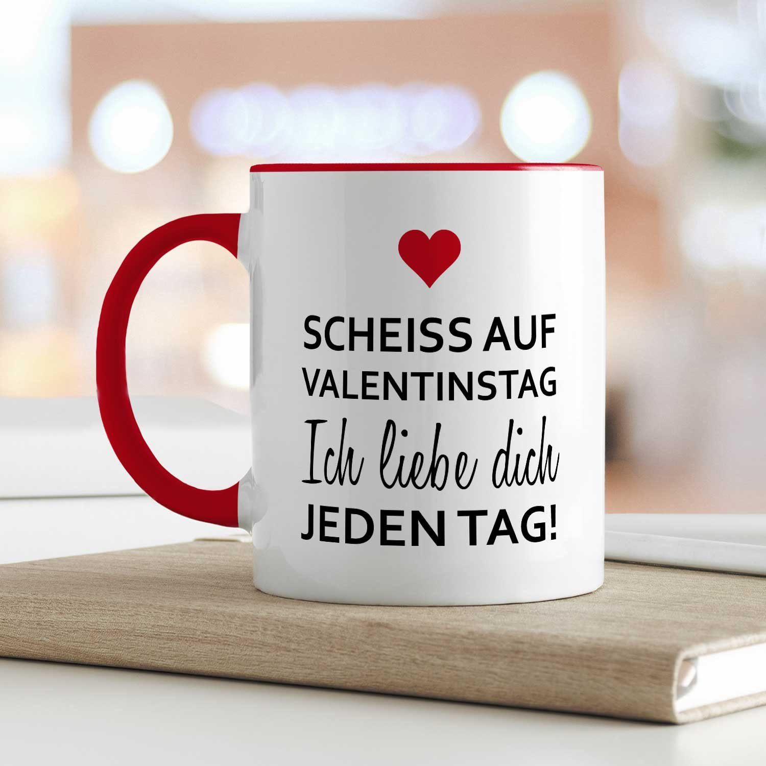 GRAVURZEILE Tasse mit Spruch - Scheiss auf Valentinstag - Geschenk für Ihn & Sie, aus Keramik - Spülmaschinenfest, Farbe: Rot