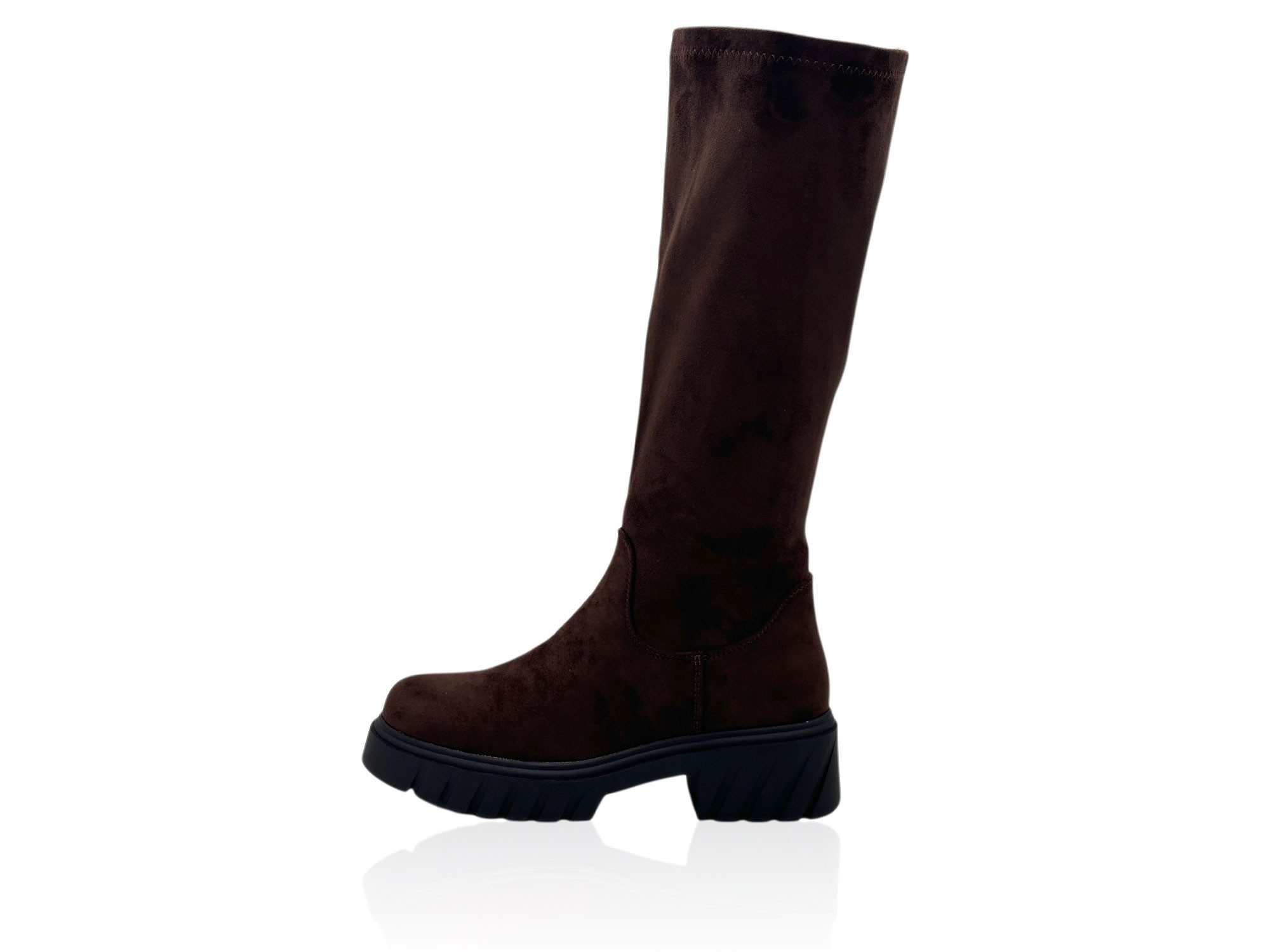 Nowaland Damen Langschaftstiefel in Veloursleder-Optik mit Profilsohle Stiefel Kniehoher Schaft und leicht gefüttert für die kühle Jahreszeit