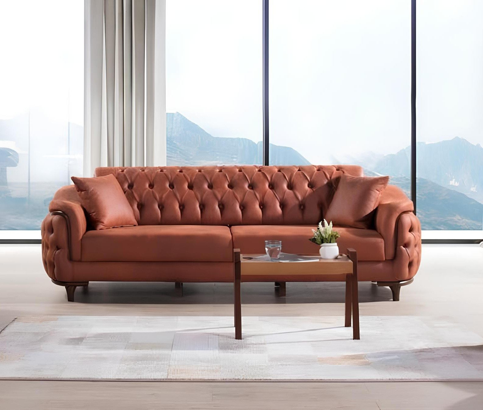Xlmoebel Chesterfield-Sofa Orange Dreisitzer Couch aus Samt mit Holzfüßen und Polsterung, 1 Teile, Made in Europa