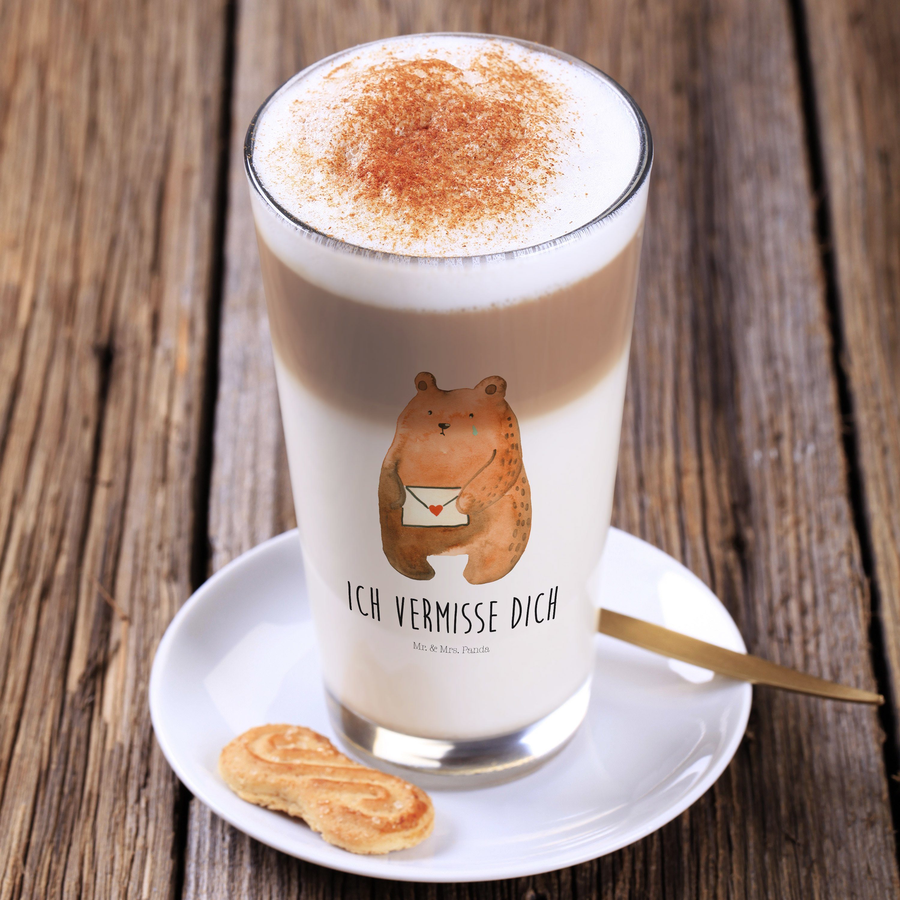 - Panda Teddybär, Tasse, Mrs. - Liebesbrief-Bär Geschenk, Transparent Glas Glas Mr. Premium & Cappuccino
