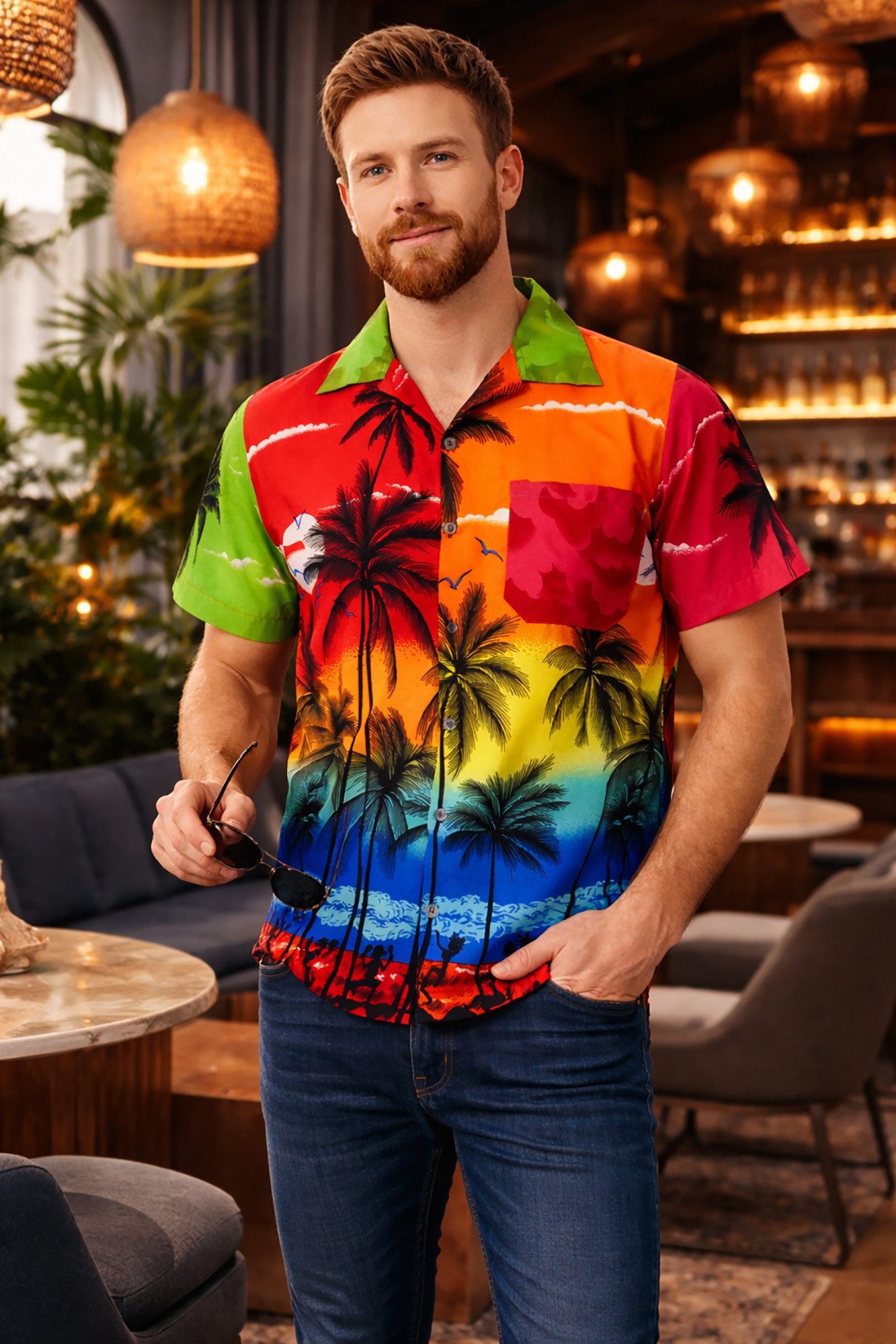 King Kameha Hawaiihemd "Beach" Funky Hawaii-Hemd Herren Kurzarm Front-Tasche Stylish