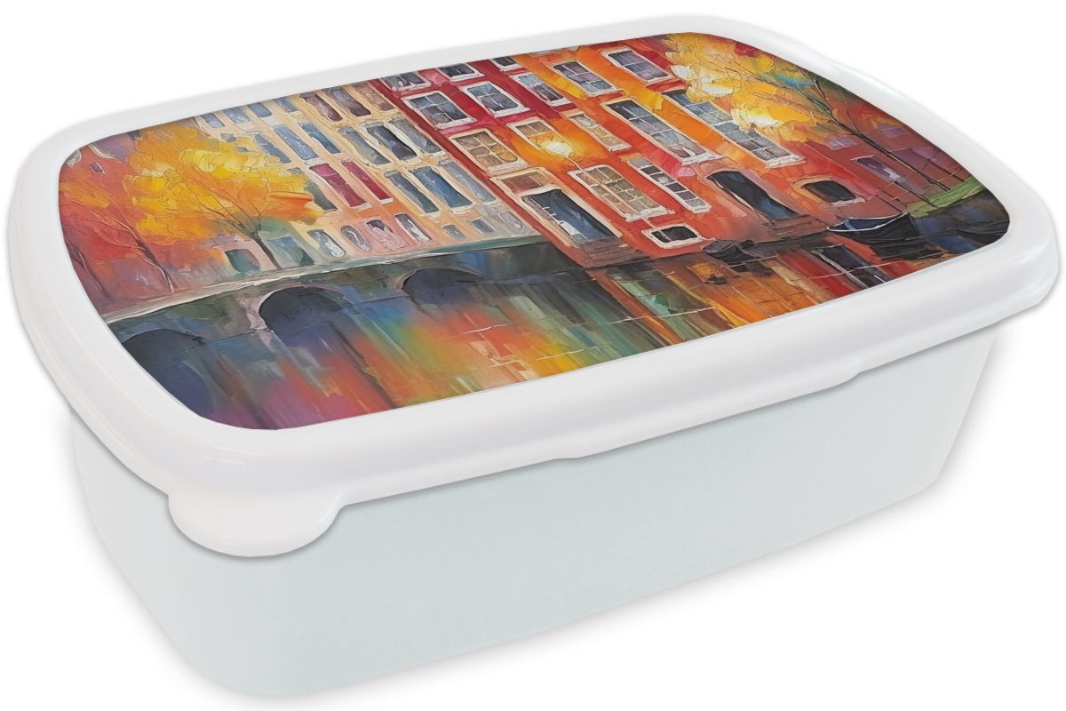 MuchoWow Lunchbox Kunststoff, für und Grachtenhäuser Brotbox für - - Erwachsene, Jungs und (2-tlg), Kunst - Kinder Malerei Brotdose, weiß Amsterdam, Mädchen