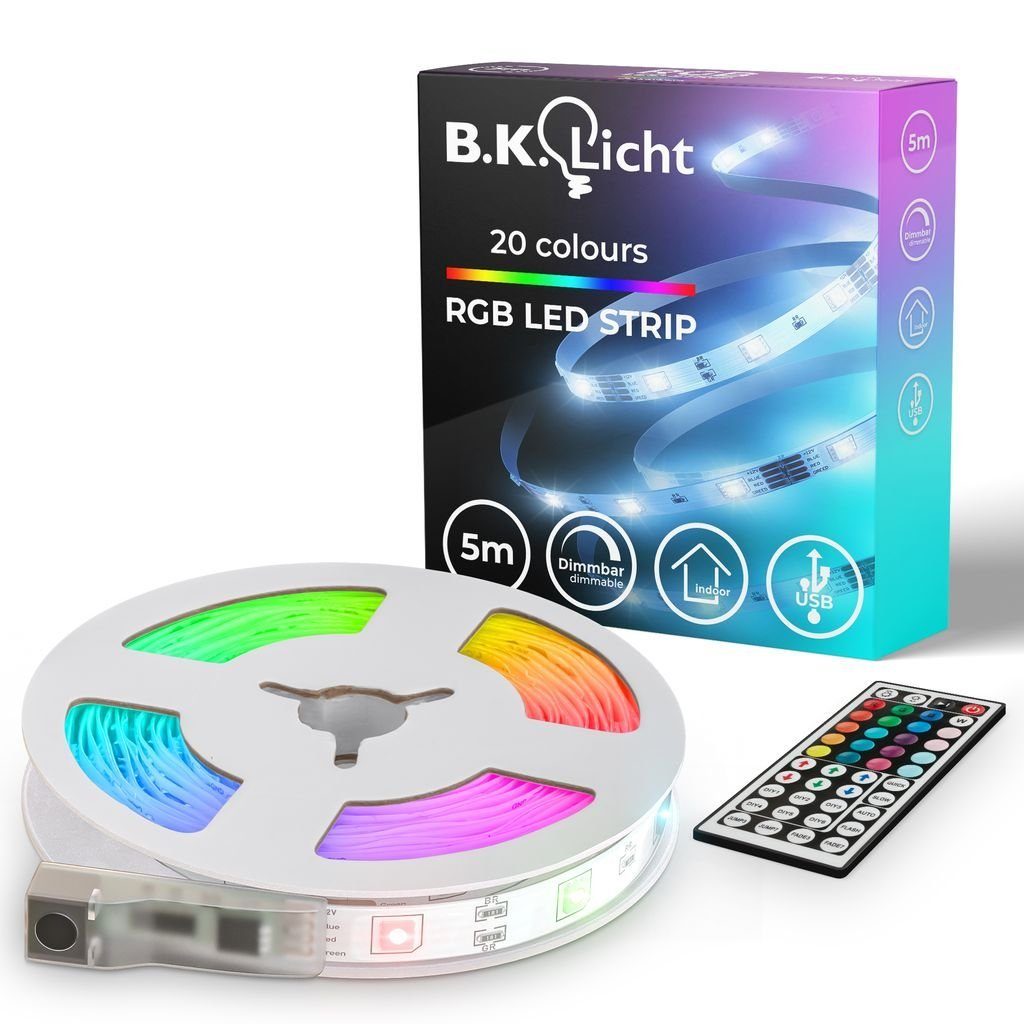 B.K.Licht LED-Streifen 5m - bunt LED dimmbar RGB BKL1561, Farbwechsel selbstklebend 150 Lichtleiste kürzbar mit Fernbedienung USB weiß LEDs Strip Band 6W