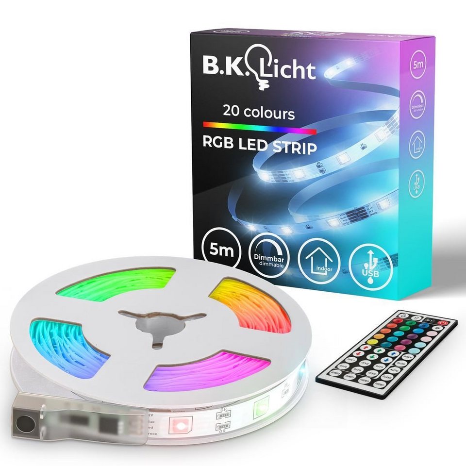 B.K.Licht LED-Streifen 5m USB LED Strip Lichtleiste dimmbar bunt  Fernbedienung - BKL1561, RGB Band mit Farbwechsel 6W 150 LEDs selbstklebend  kürzbar weiß | LED-Stripes
