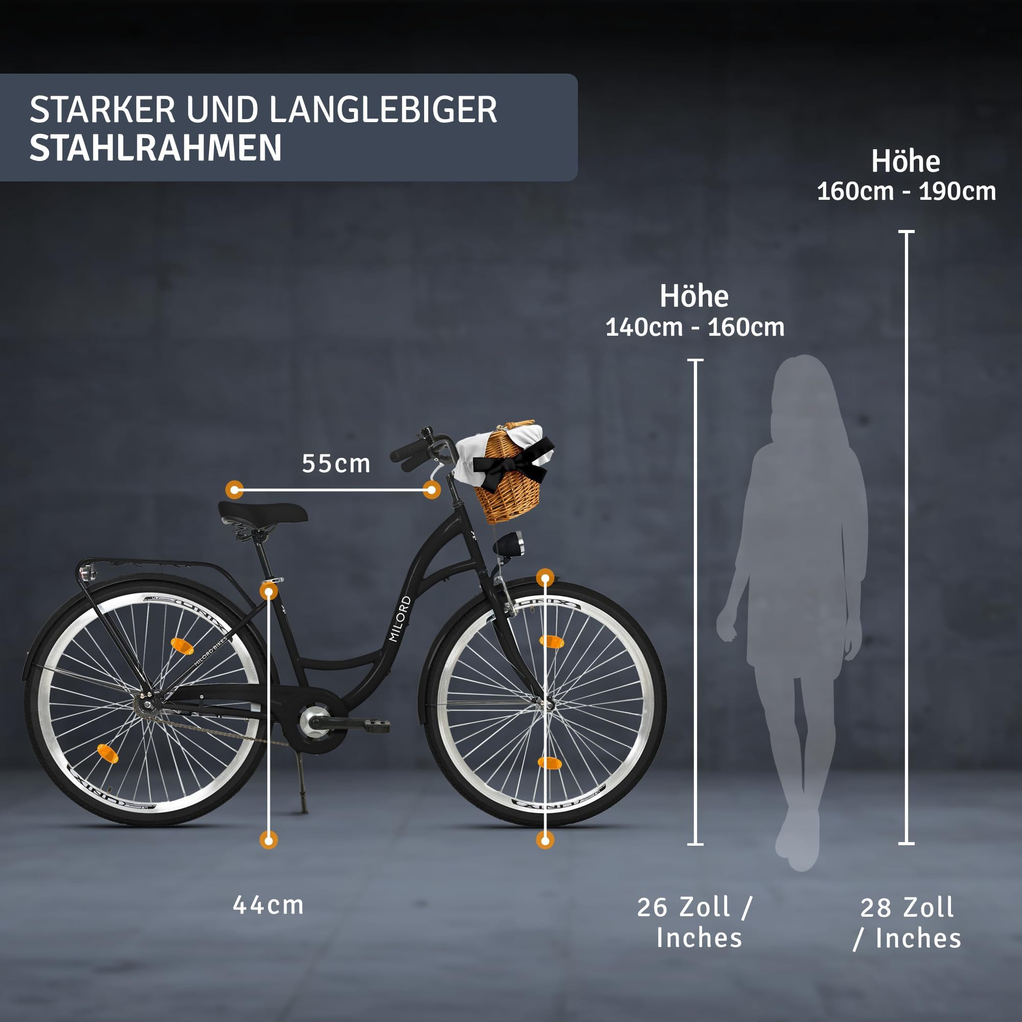 Milord Cityrad Milord City Fahrrad Korb Damenfahrrad, 28/26 Zoll, Schwarz, 1-Gang, 1 Gang, (Fahrradständer, Gepäckträger, Klingel, Korb, Kotflügel)